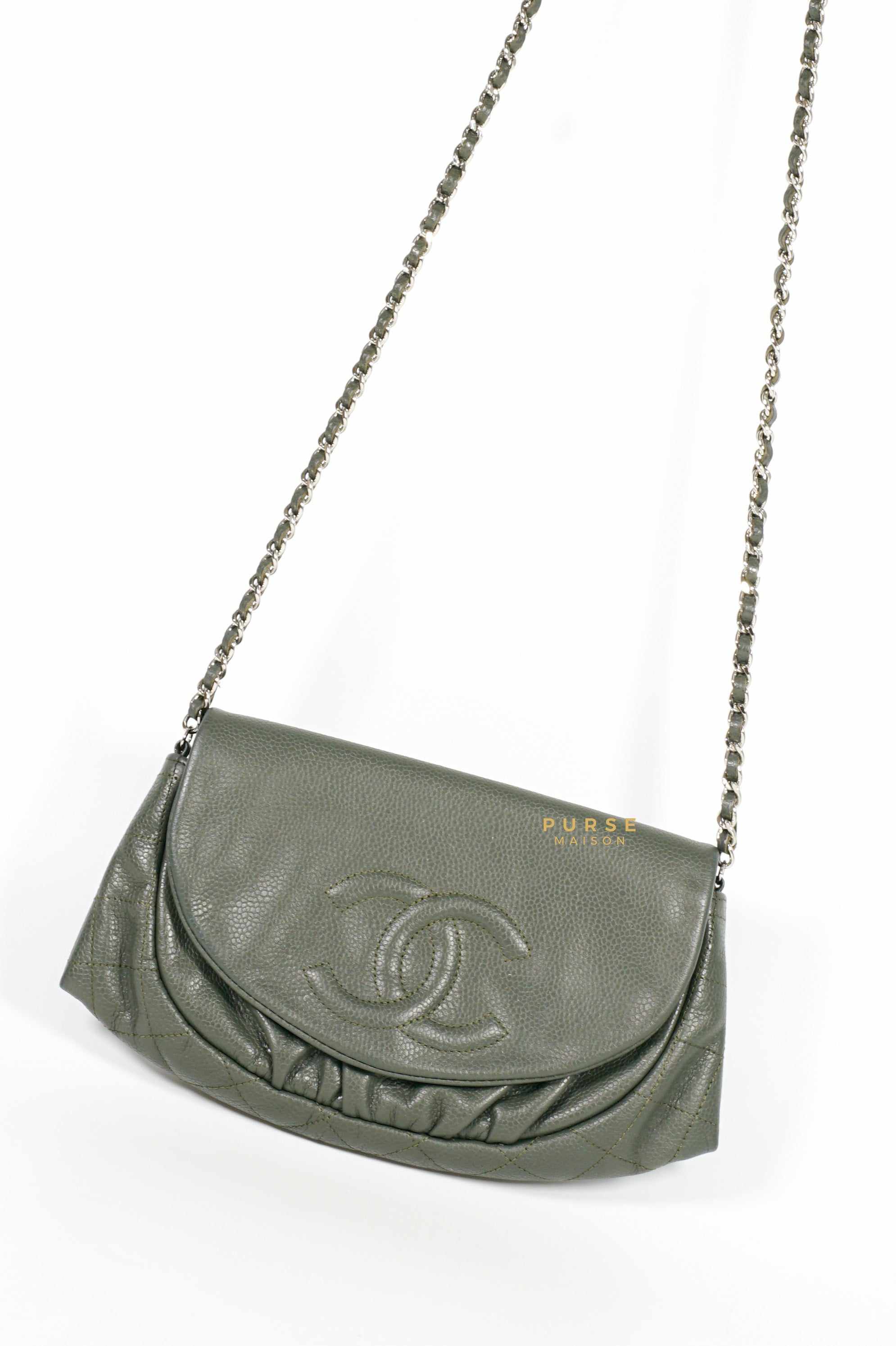 Chanel Half Moon Wallet on Chain in Grey Caviar Leather and Silver Hardware Series 15