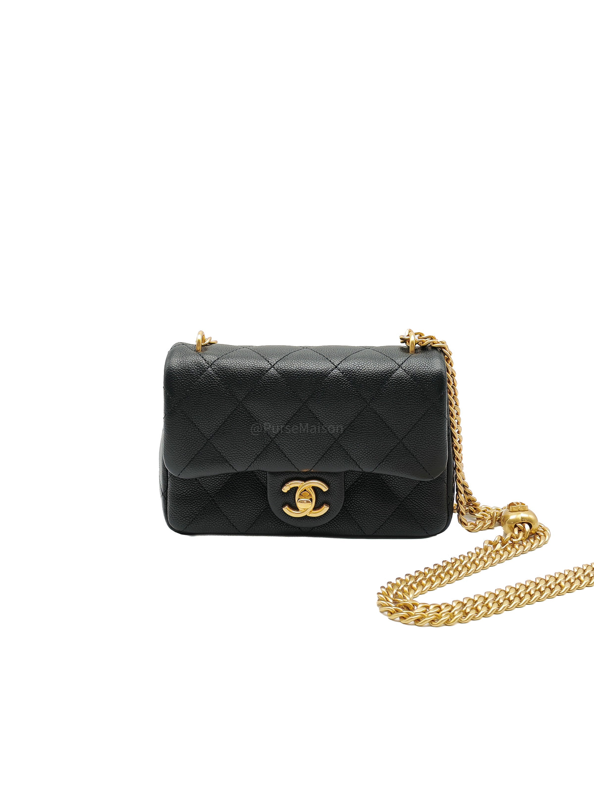 Chanel Heart Crush Mini Flap Bag in Black Quilted Caviar Leather and Aged Gold Hardware Microchip | Purse Maison Luxury Bags Shop