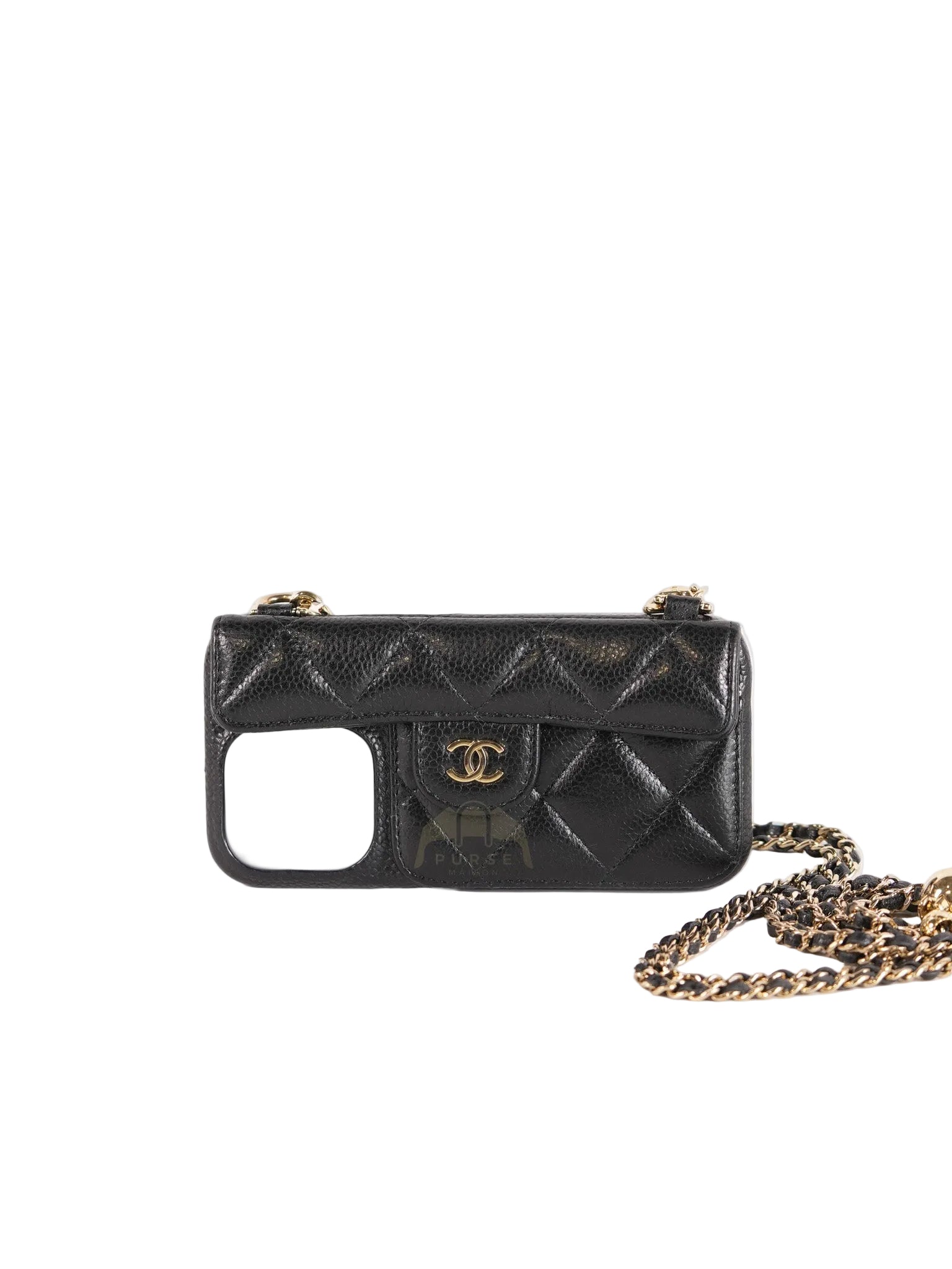 Iphone14 Pro Phone Case in Quilted Caviar Leather Chain Strap (Microchip) | Purse Maison Luxury Bags Shop