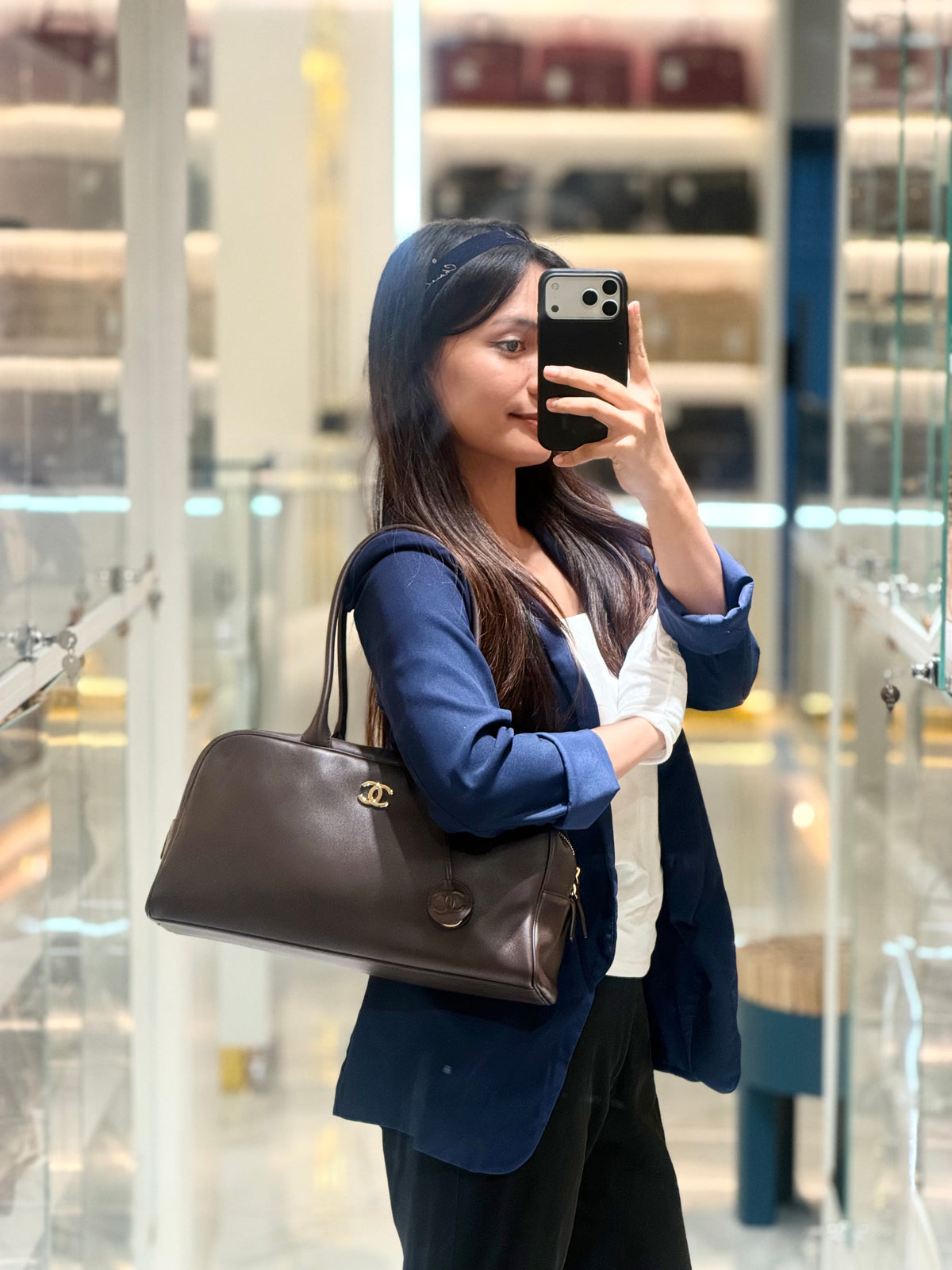 Chanel Large Bowling Bag in Dark Brown Calfskin Leather and Gold Hardware (Microchip) | Purse Maison Luxury Bags Shop