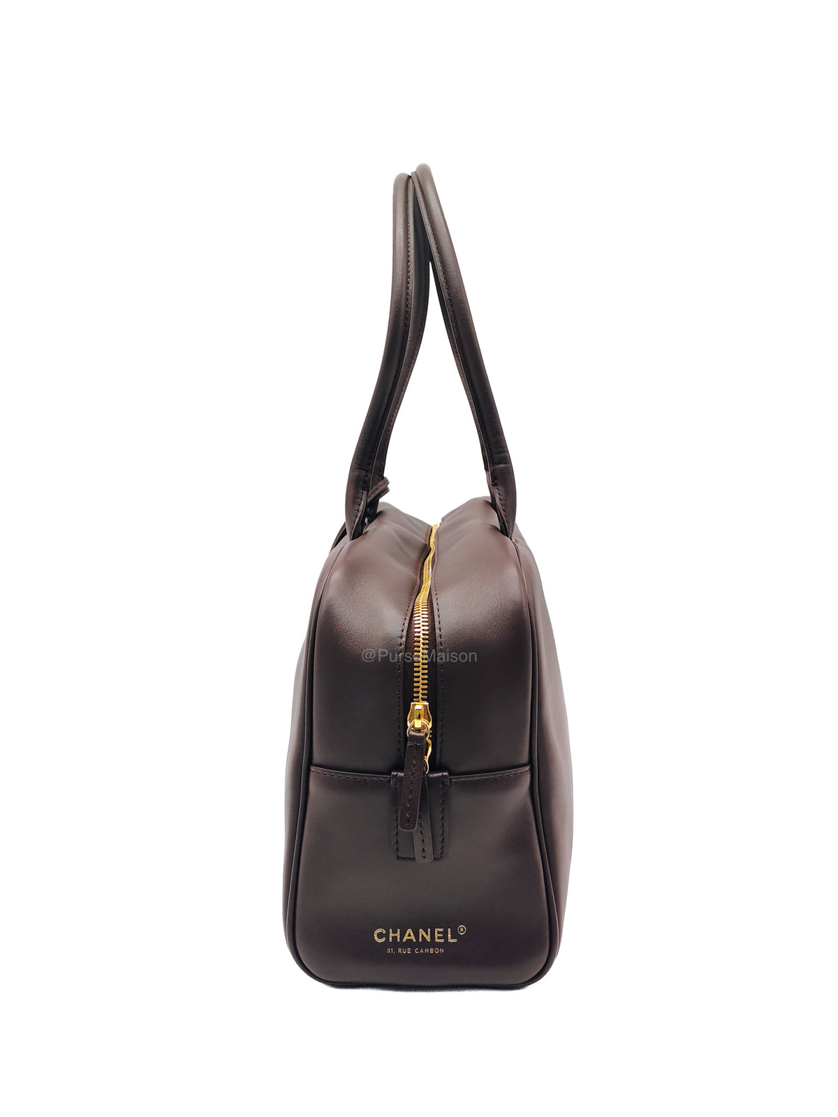 Chanel Large Bowling Bag in Dark Brown Calfskin Leather and Gold Hardware (Microchip) | Purse Maison Luxury Bags Shop