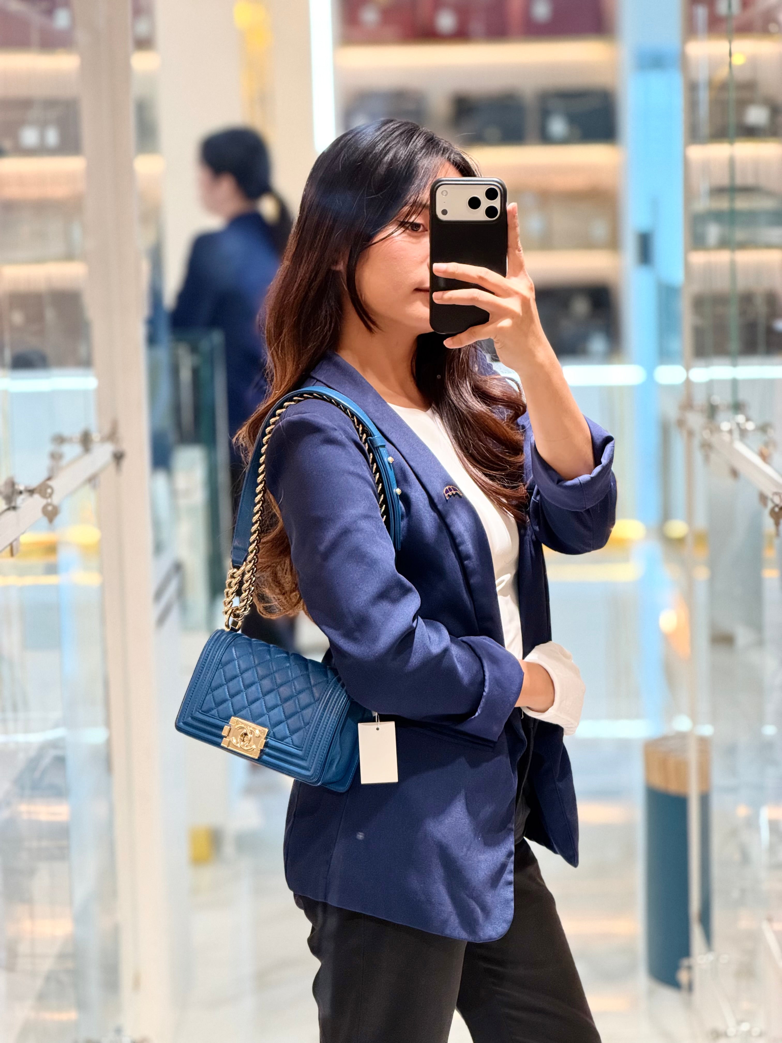 Chanel Le Boy Flap Bag Small in Blue Calfskin Leather Light Gold Hardware (Series 24) | Purse Maison Luxury Bags Shop