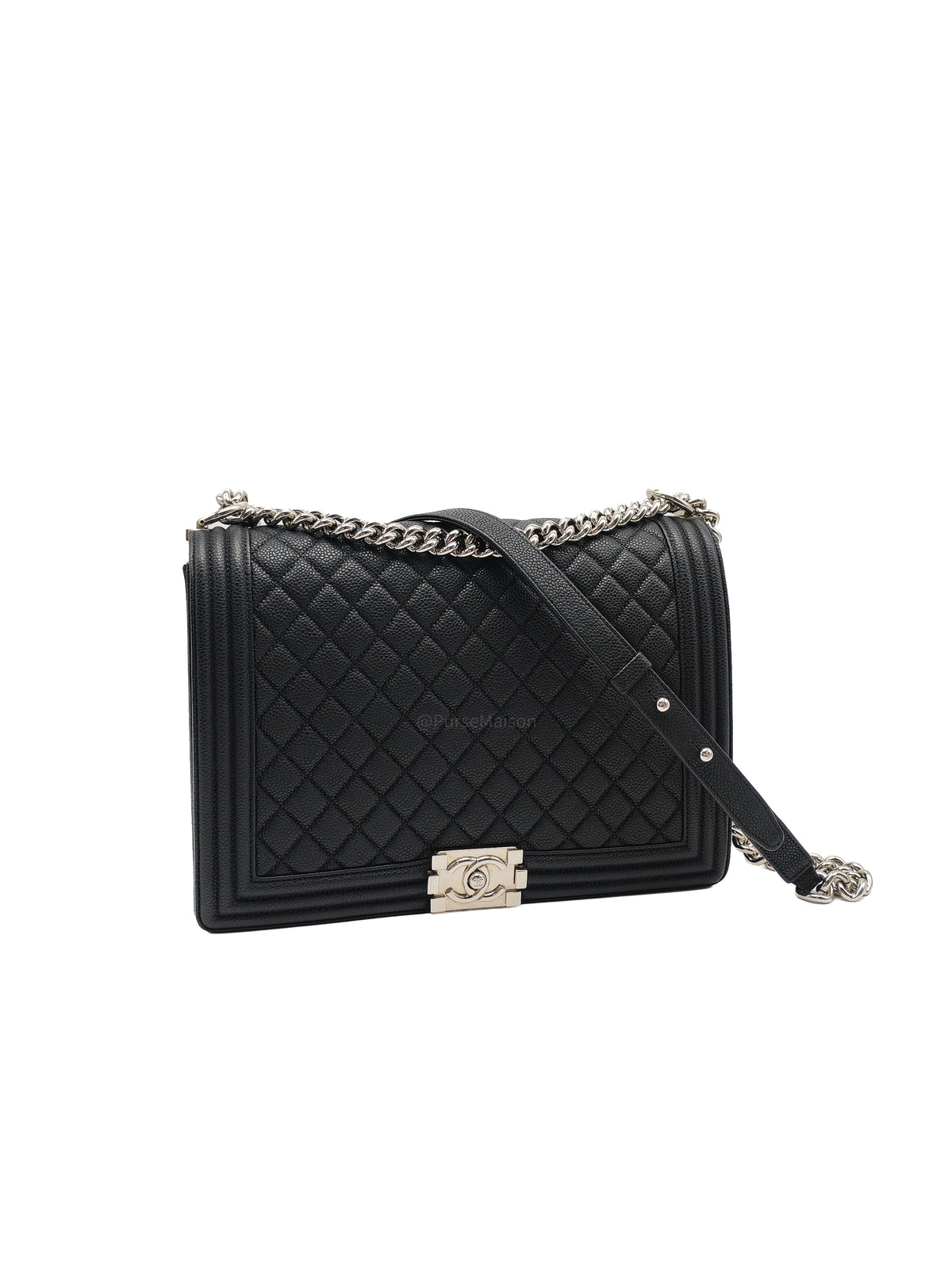 Chanel Le Boy Large in Black Quilted Caviar Leather and Silver Hardware Series 17 | Purse Maison Luxury Bags Shop