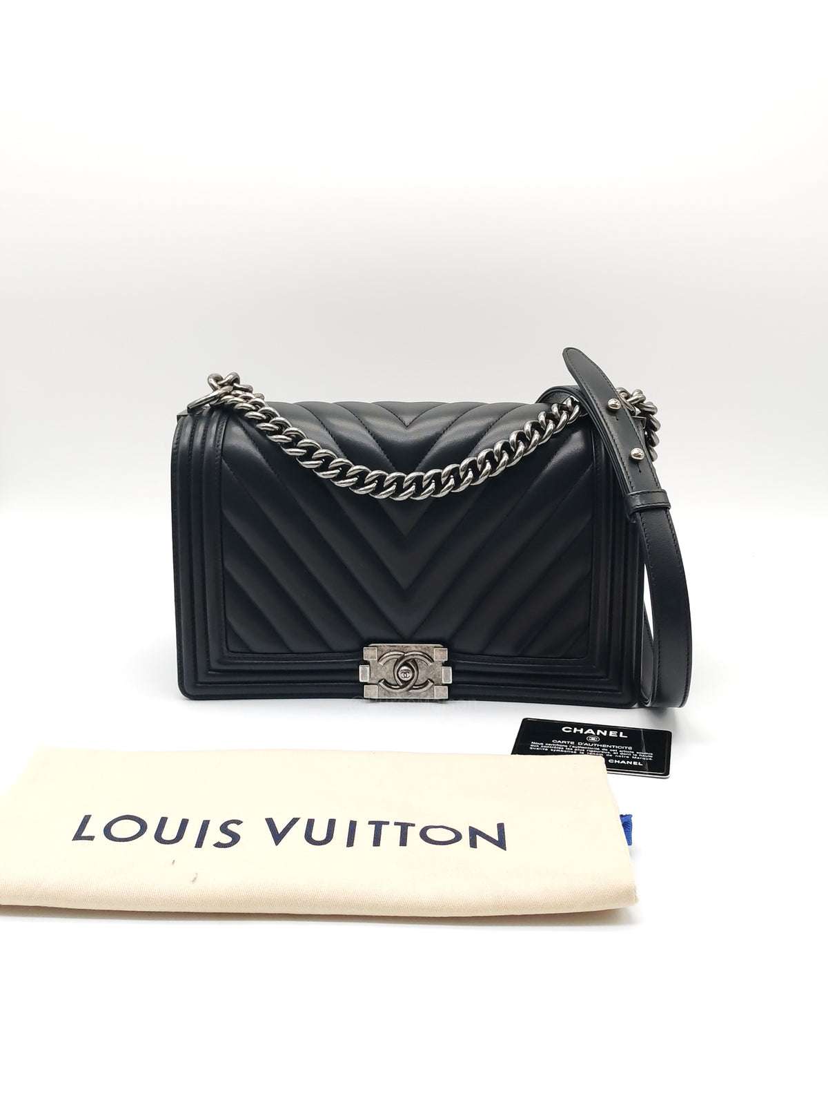 Chanel Le Boy New Medium in Black Chevron Lambskin Leather and Ruthenium Hardware Series 22 | Purse Maison Luxury Bags Shop