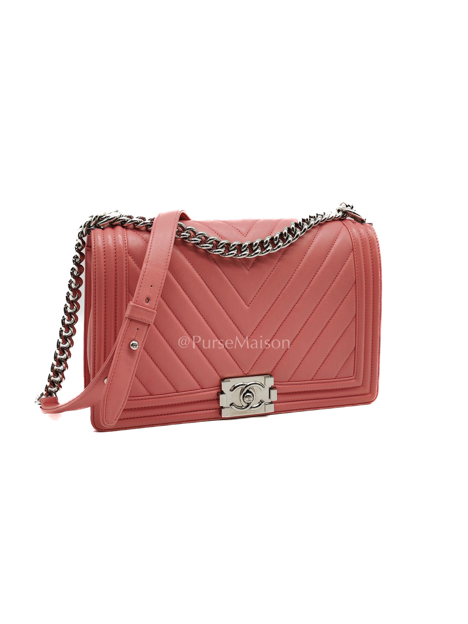 Chanel Le Boy New Medium in Pink Chevron Lambskin Leather and Silver Hardware Series 22 | Purse Maison Luxury Bags Shop
