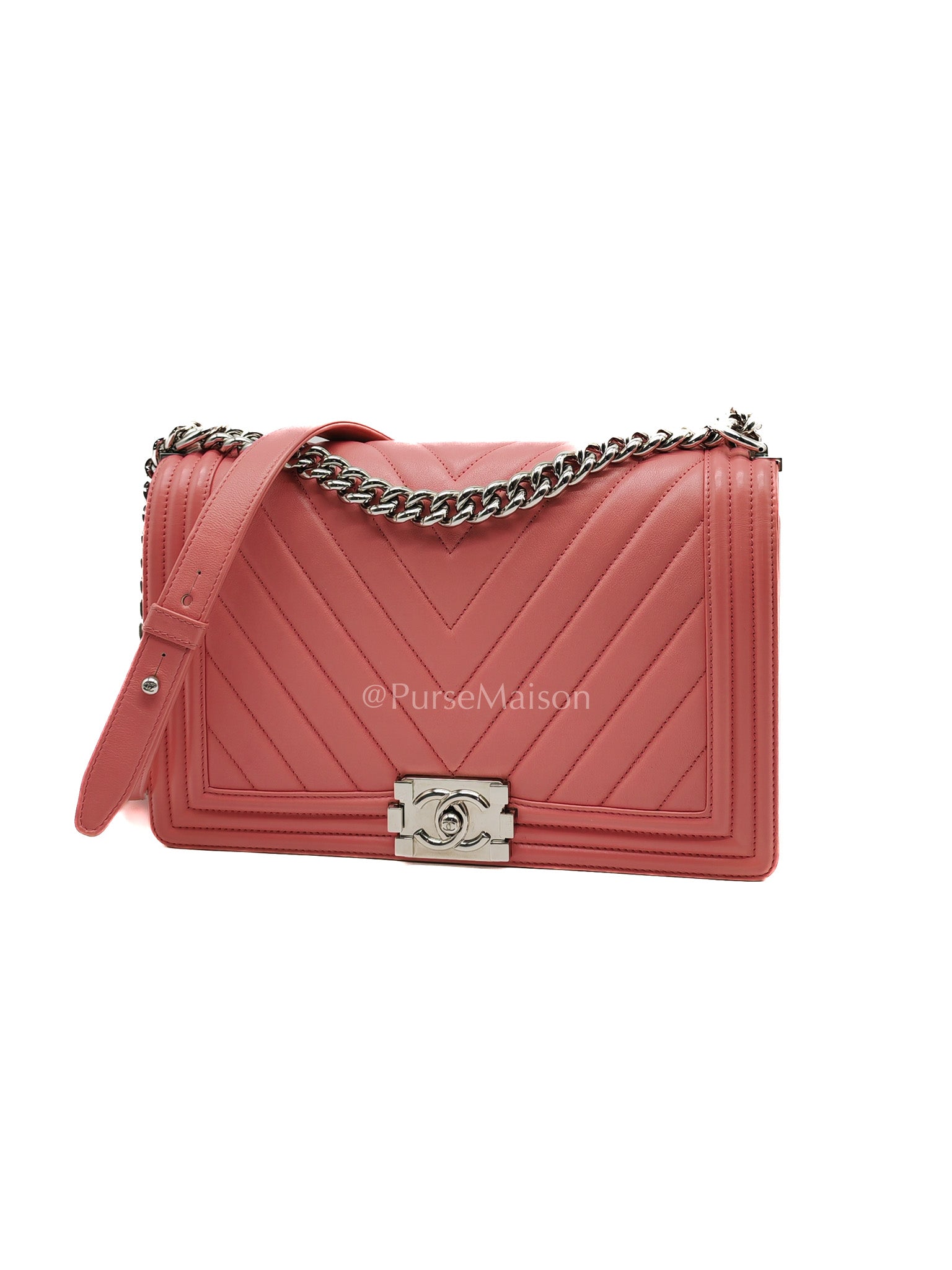 Chanel Le Boy New Medium in Pink Chevron Lambskin Leather and Silver Hardware Series 22 | Purse Maison Luxury Bags Shop