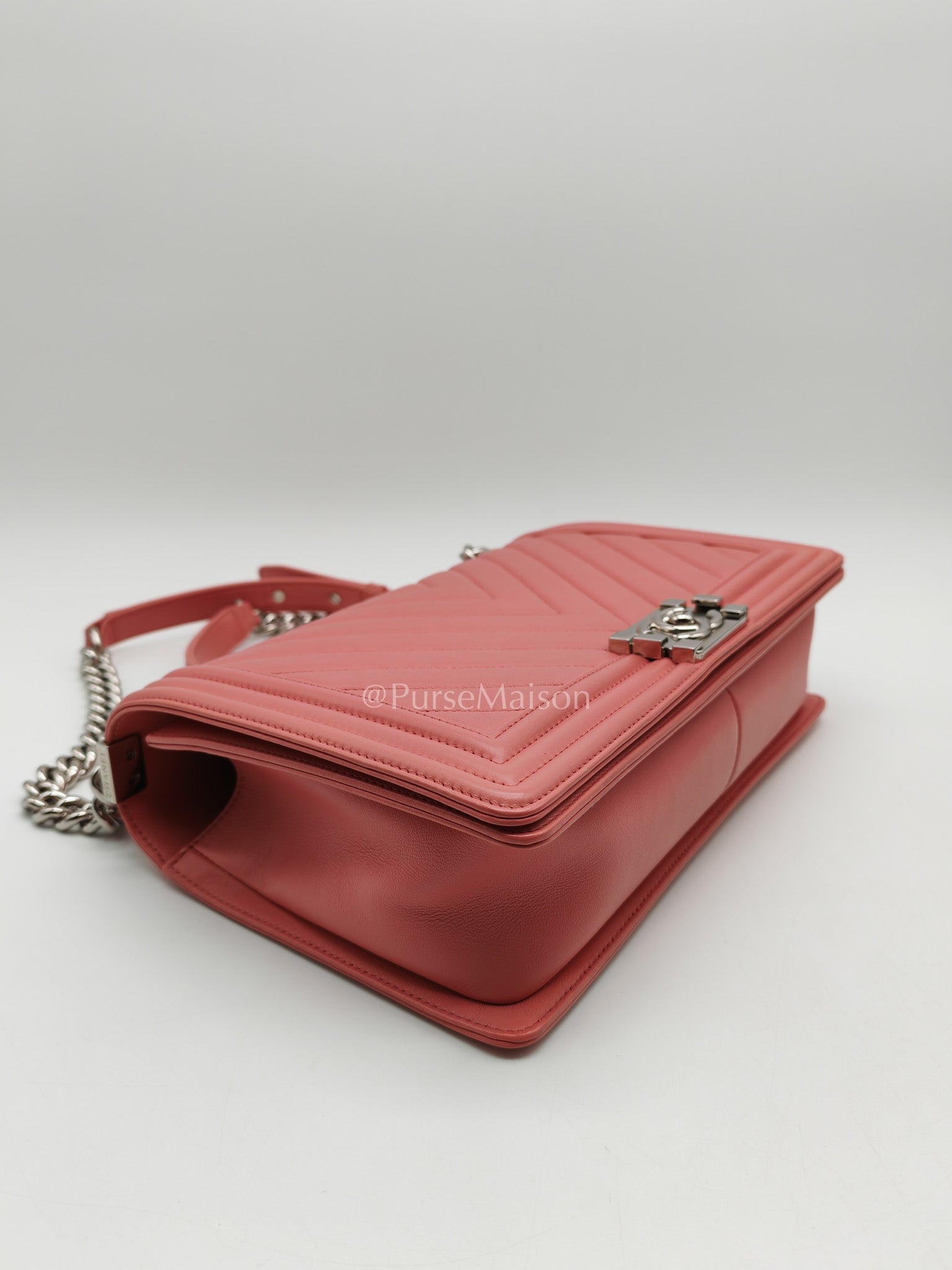 Chanel Le Boy New Medium in Pink Chevron Lambskin Leather and Silver Hardware Series 22 | Purse Maison Luxury Bags Shop