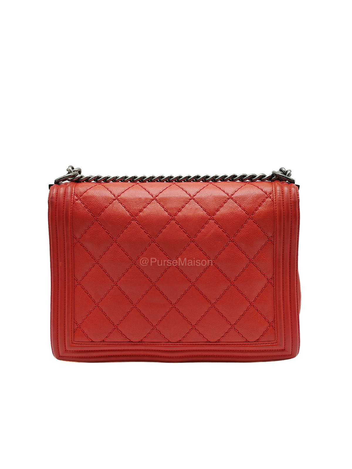 Chanel Le Boy New Medium in Red Diamond Stitch Calfskin Leather Ruthenium Hardware (Series 18) | Purse Maison Luxury Bags Shop