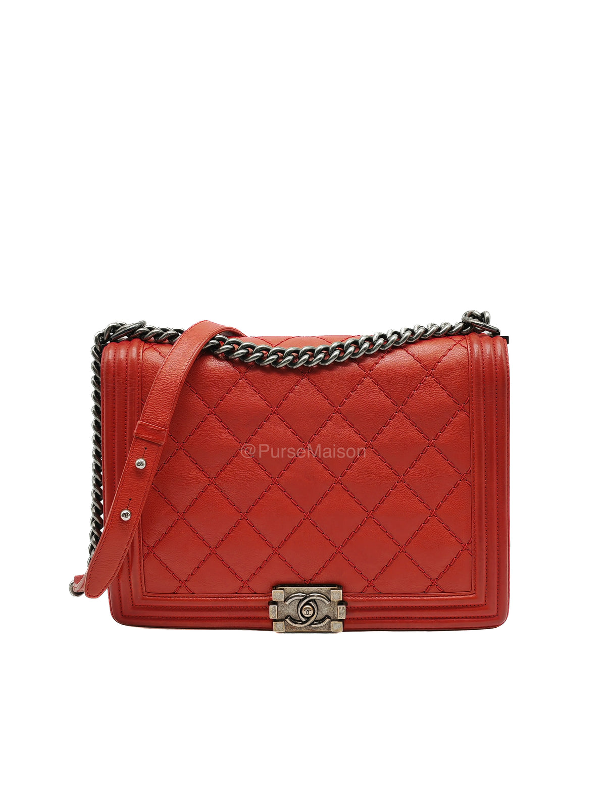 Chanel Le Boy New Medium in Red Diamond Stitch Calfskin Leather Ruthenium Hardware (Series 18) | Purse Maison Luxury Bags Shop