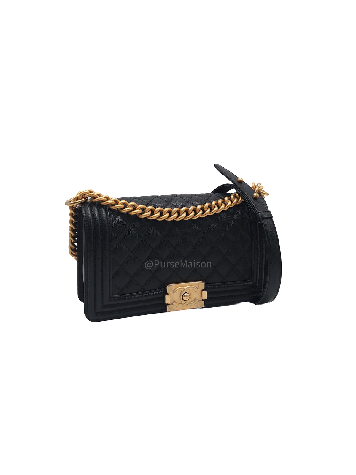 Chanel Le Boy Old Medium in Black Caviar Leather Aged Gold Hardware Microchip (AN****TG) | Purse Maison Luxury Bags Shop