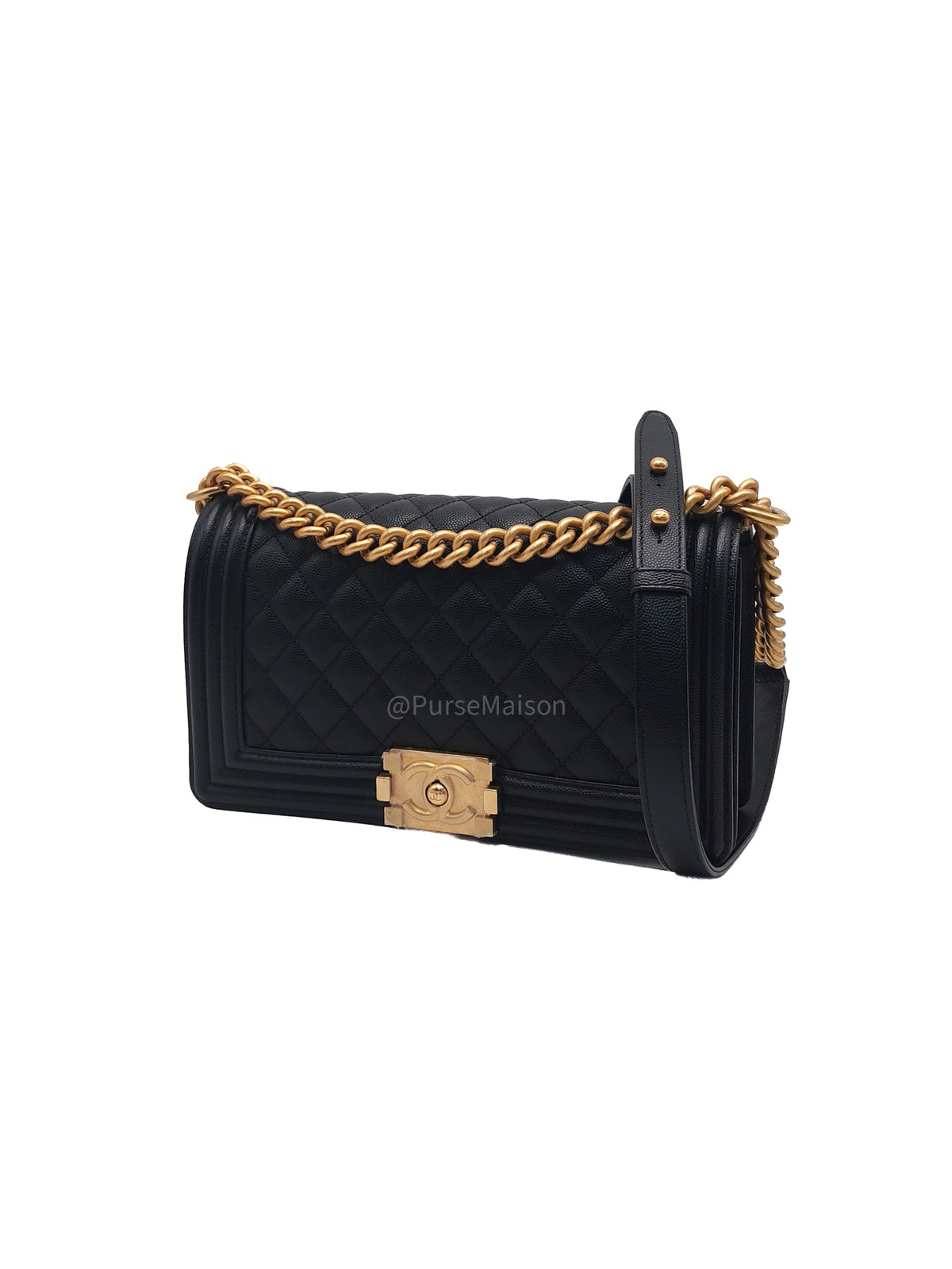 Chanel Le Boy Old Medium in Black Caviar Leather Aged Gold Hardware Microchip (AN****TG) | Purse Maison Luxury Bags Shop