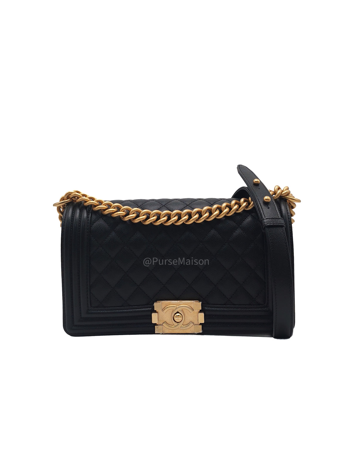 Chanel Le Boy Old Medium in Black Caviar Leather Aged Gold Hardware Microchip (AN****TG) | Purse Maison Luxury Bags Shop