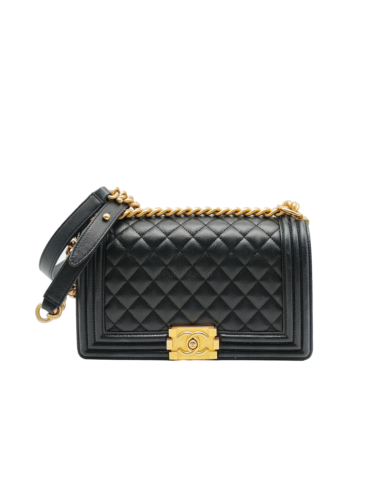 Chanel Le Boy Old Medium in Black Caviar Leather Aged Gold Hardware (Microchip) | Purse Maison Luxury Bags Shop