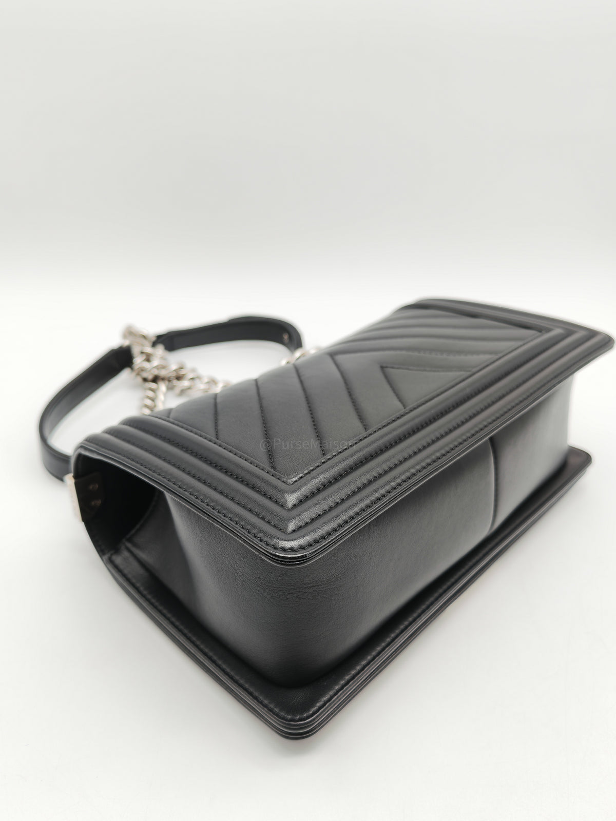 Chanel Le Boy Old Medium in Black Chevron Quilted Calfskin Leather Silver Hardware (Series 22) | Purse Maison Luxury Bags Shop