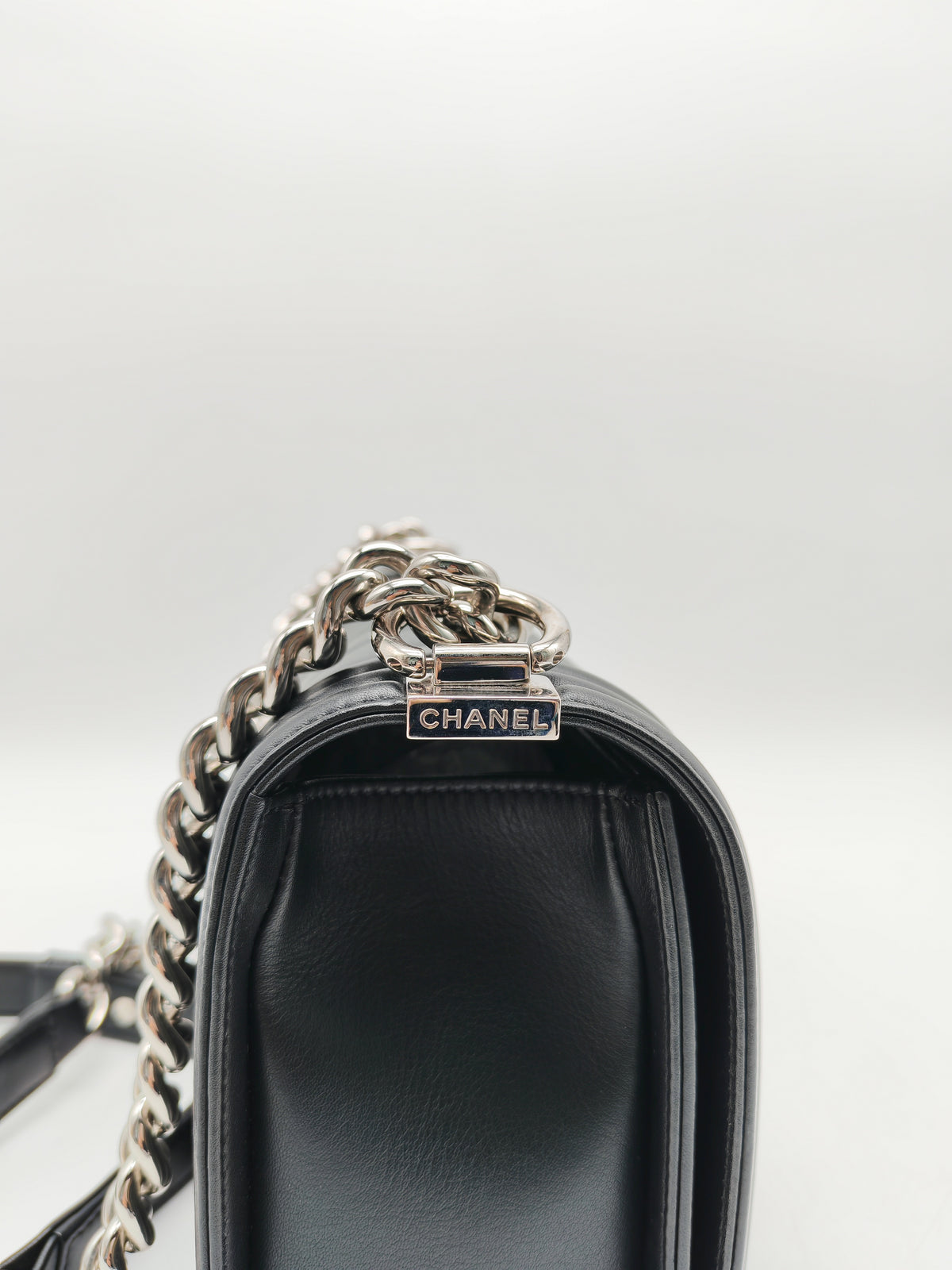 Chanel Le Boy Old Medium in Black Chevron Quilted Calfskin Leather Silver Hardware (Series 22) | Purse Maison Luxury Bags Shop