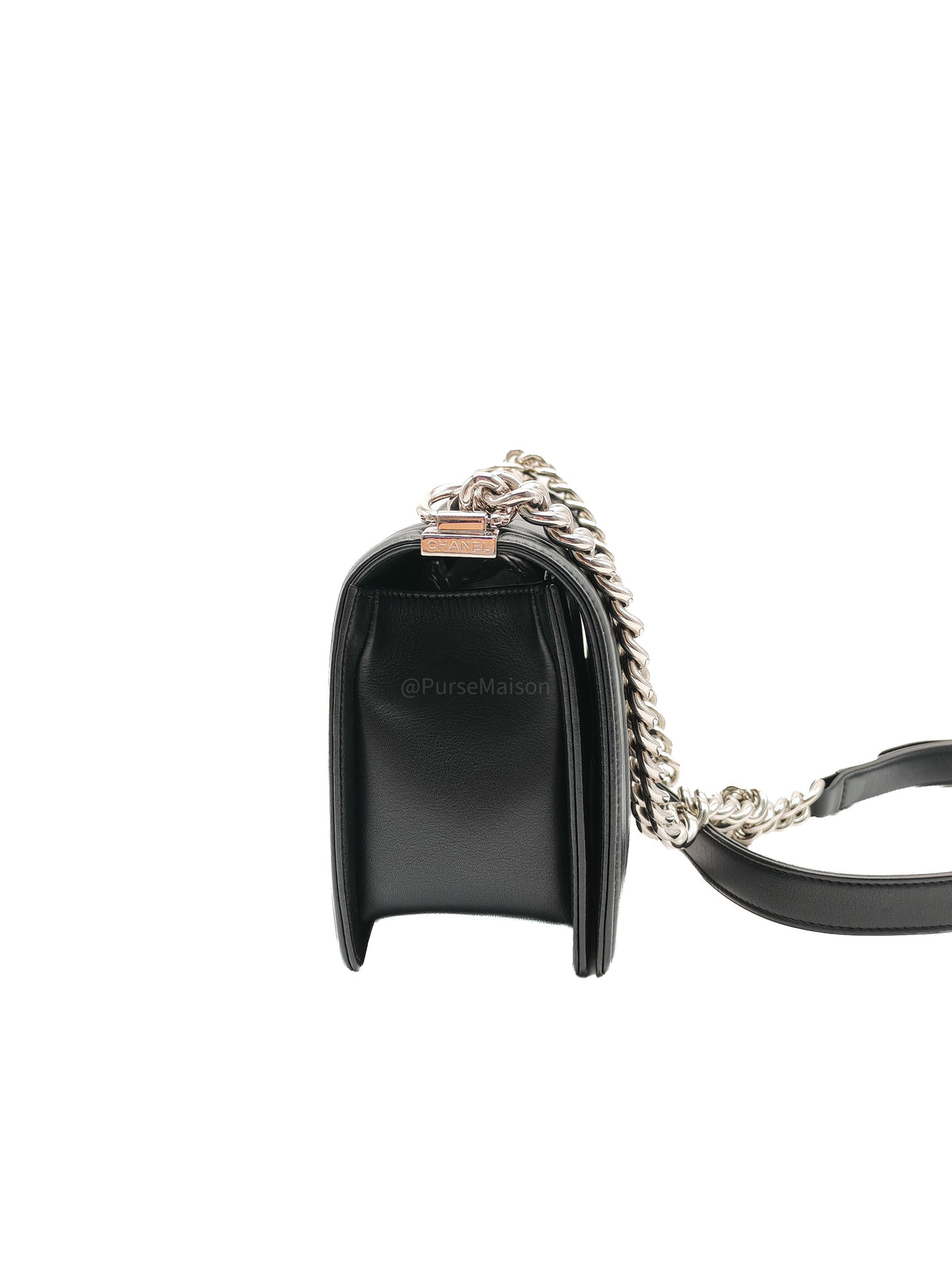 Chanel Le Boy Old Medium in Black Chevron Quilted Calfskin Leather Silver Hardware (Series 22) | Purse Maison Luxury Bags Shop