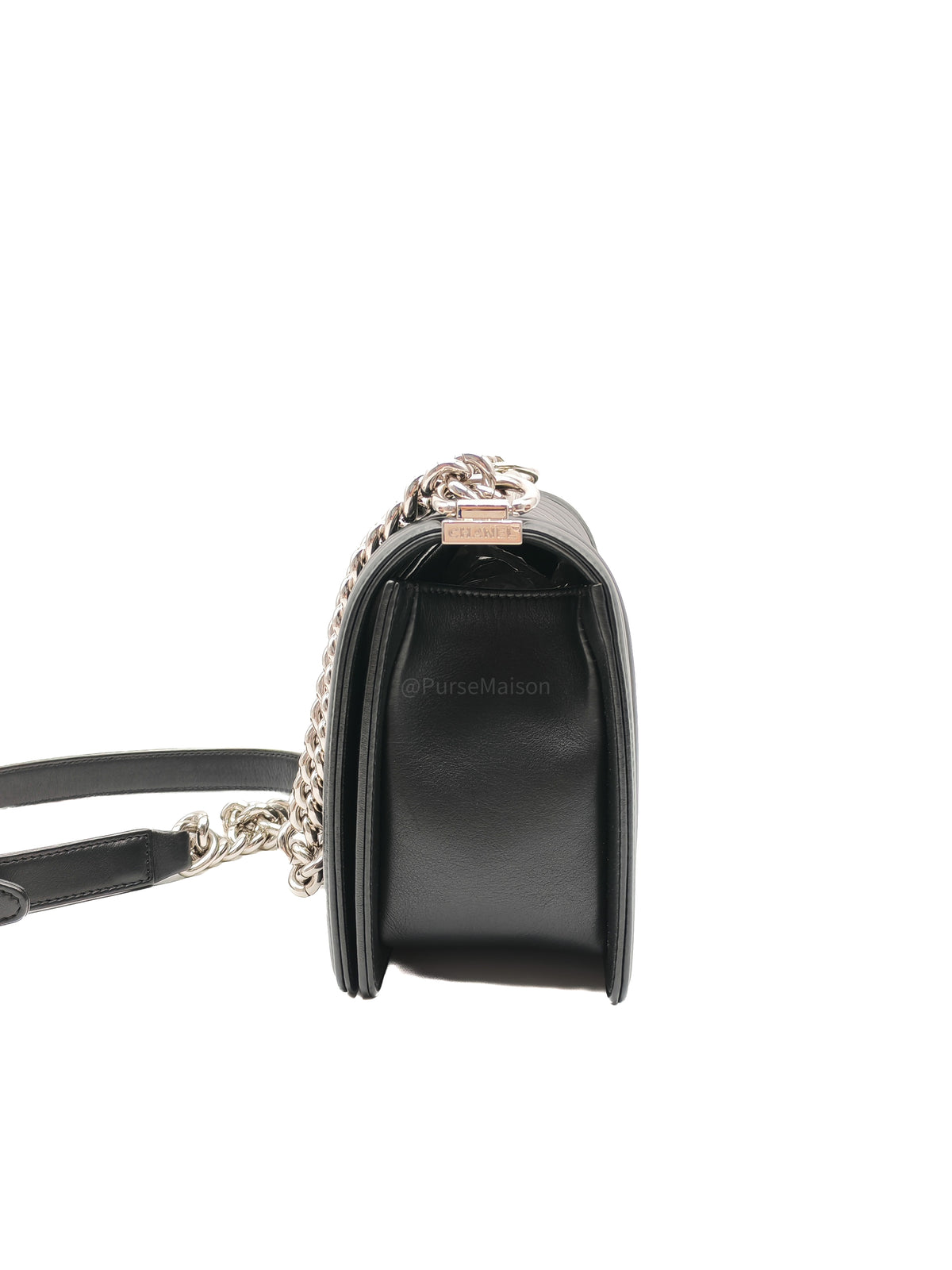 Chanel Le Boy Old Medium in Black Chevron Quilted Calfskin Leather Silver Hardware (Series 22) | Purse Maison Luxury Bags Shop