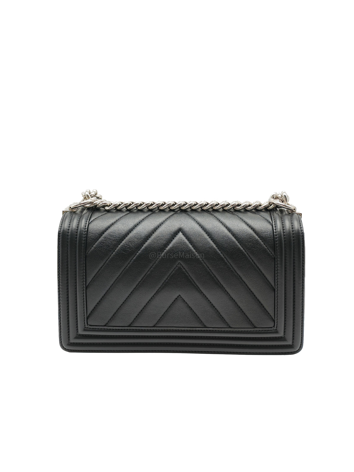 Chanel Le Boy Old Medium in Black Chevron Quilted Calfskin Leather Silver Hardware (Series 22) | Purse Maison Luxury Bags Shop