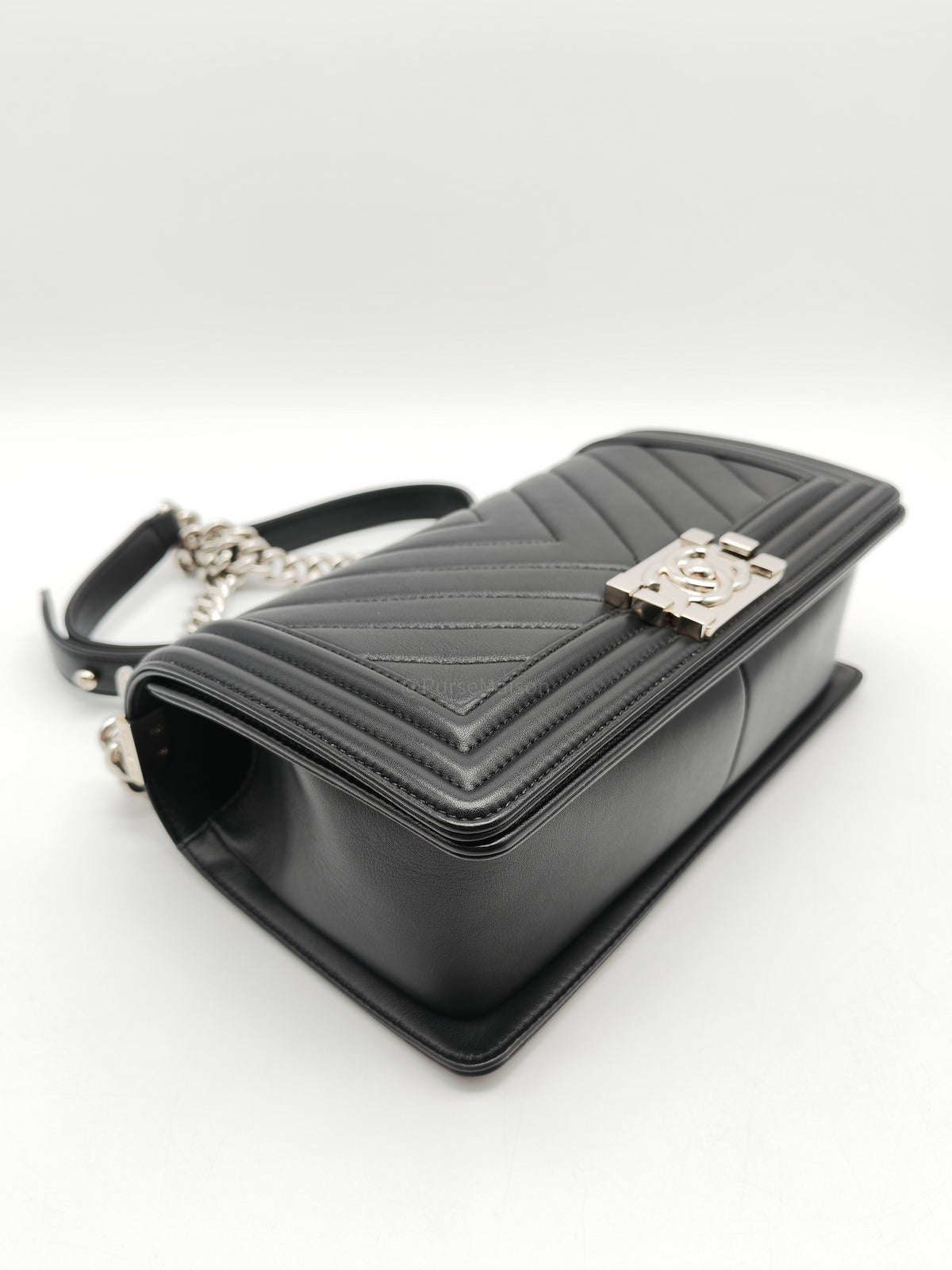 Chanel Le Boy Old Medium in Black Chevron Quilted Calfskin Leather Silver Hardware (Series 22) | Purse Maison Luxury Bags Shop