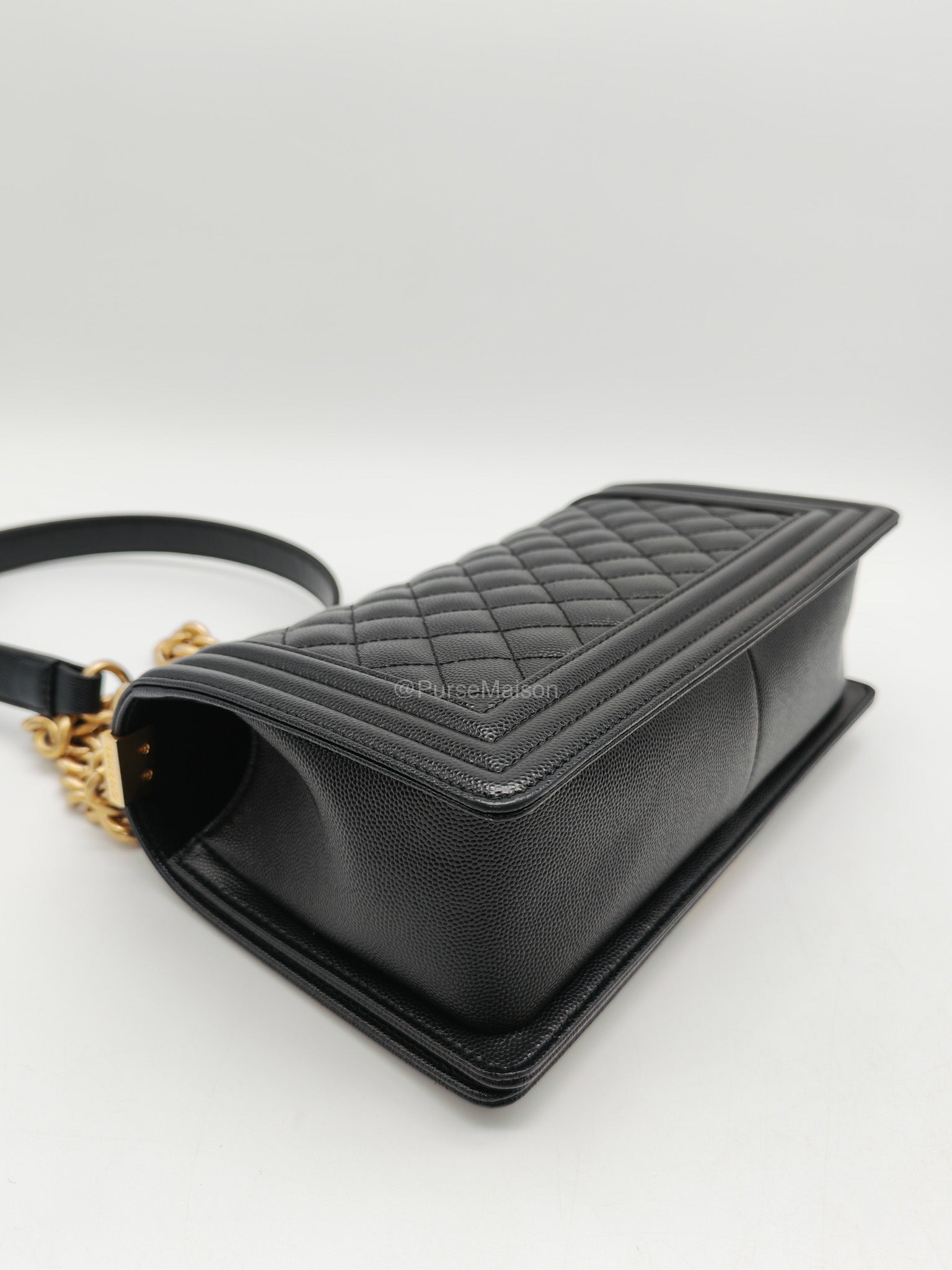 Chanel Le Boy Old Medium in Black Quilted Caviar Leather and Aged Gold Hardware Microchip | Purse Maison Luxury Bags Shop