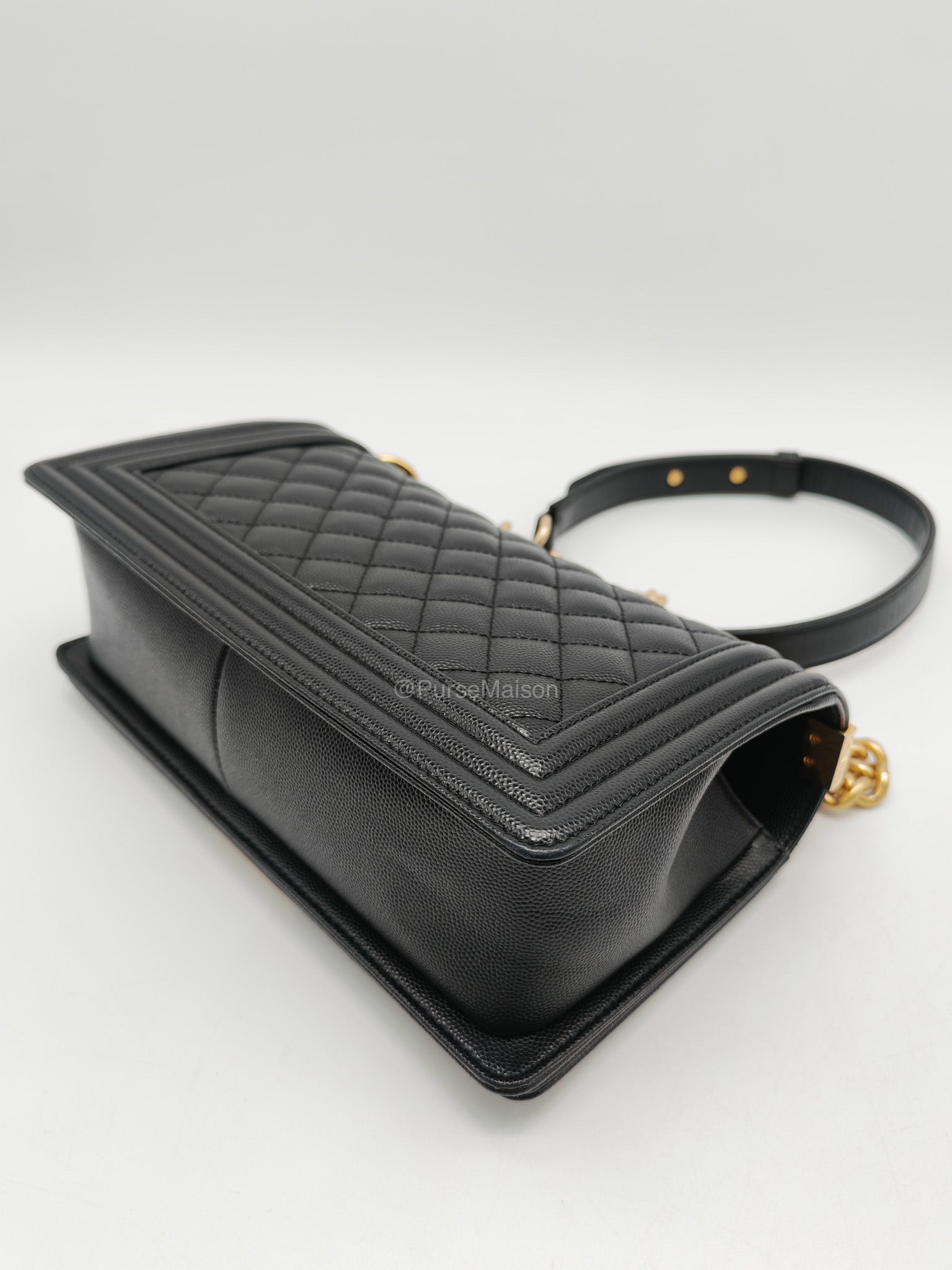 Chanel Le Boy Old Medium in Black Quilted Caviar Leather and Aged Gold Hardware Microchip | Purse Maison Luxury Bags Shop
