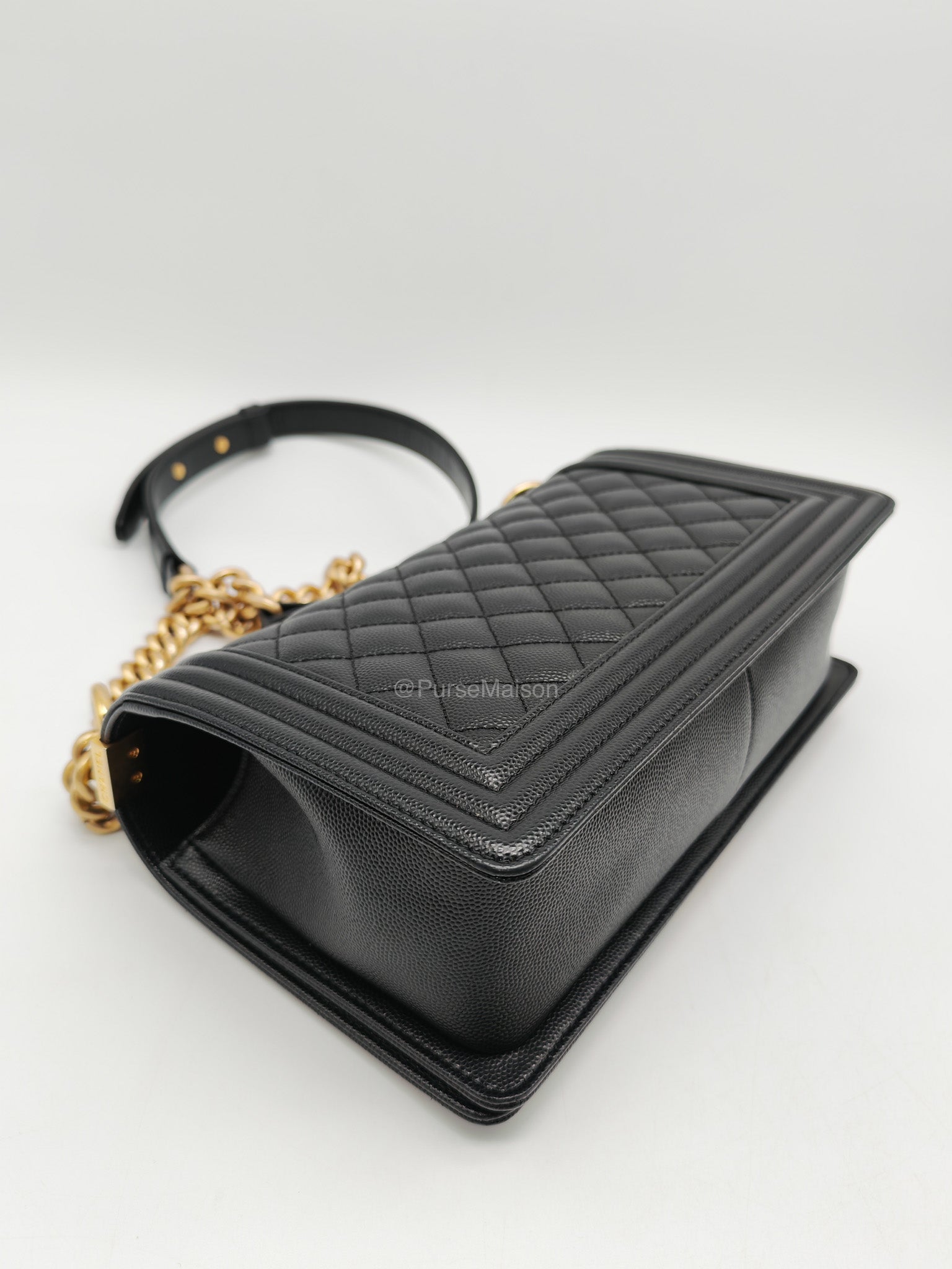Chanel Le Boy Old Medium in Black Quilted Caviar Leather and Aged Gold Hardware Microchip | Purse Maison Luxury Bags Shop