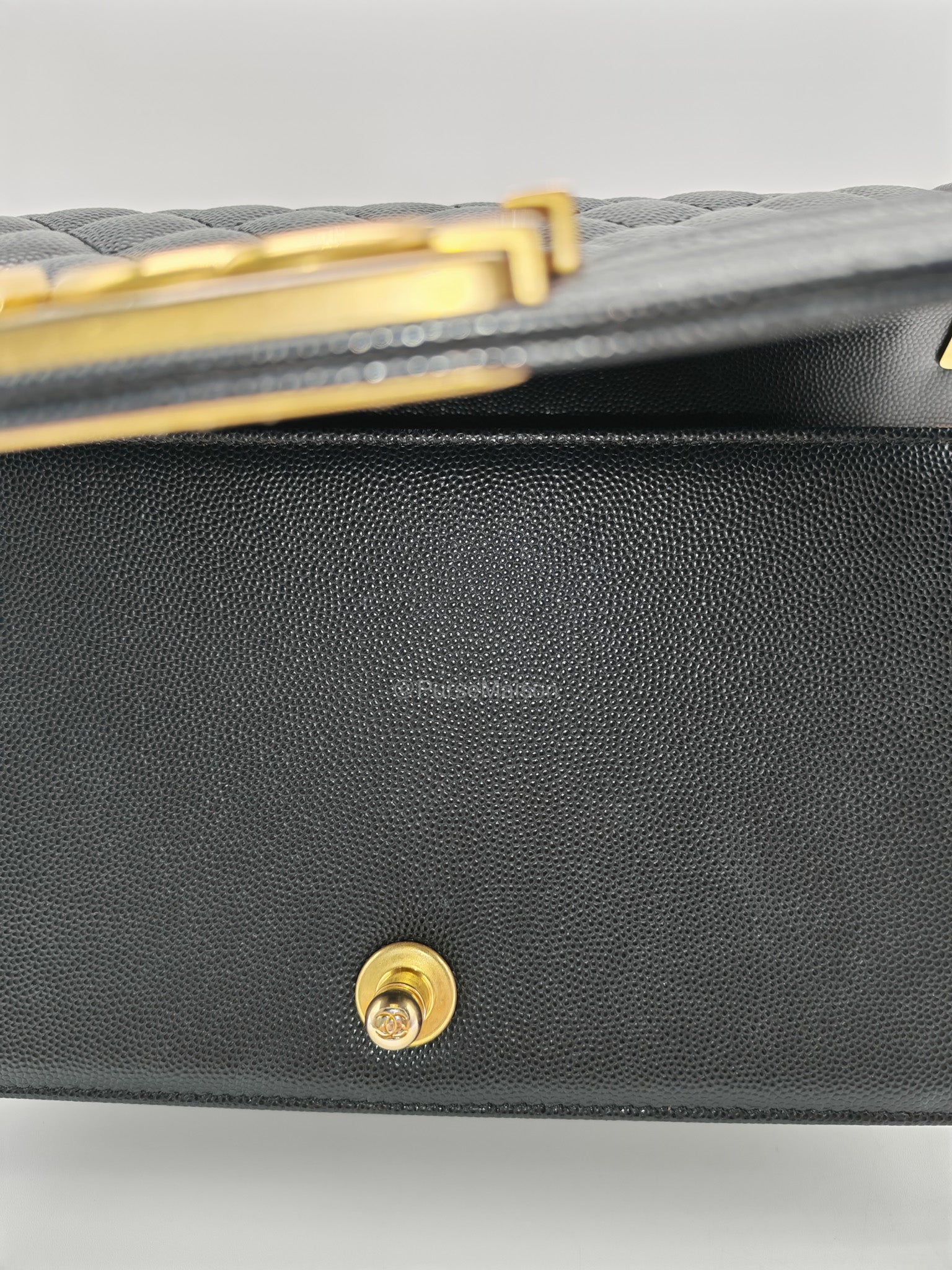 Chanel Le Boy Old Medium in Black Quilted Caviar Leather and Aged Gold Hardware Microchip | Purse Maison Luxury Bags Shop
