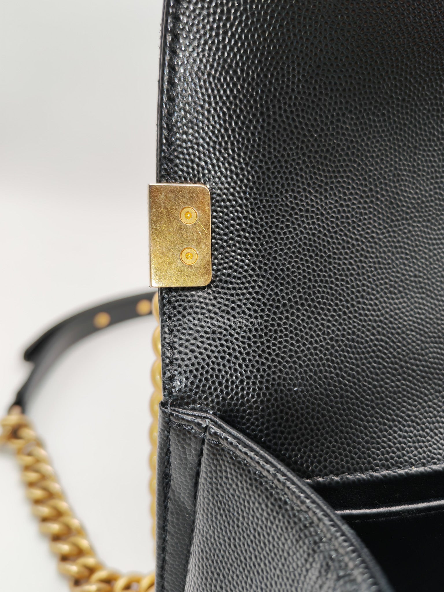 Chanel Le Boy Old Medium in Black Quilted Caviar Leather and Aged Gold Hardware Microchip | Purse Maison Luxury Bags Shop