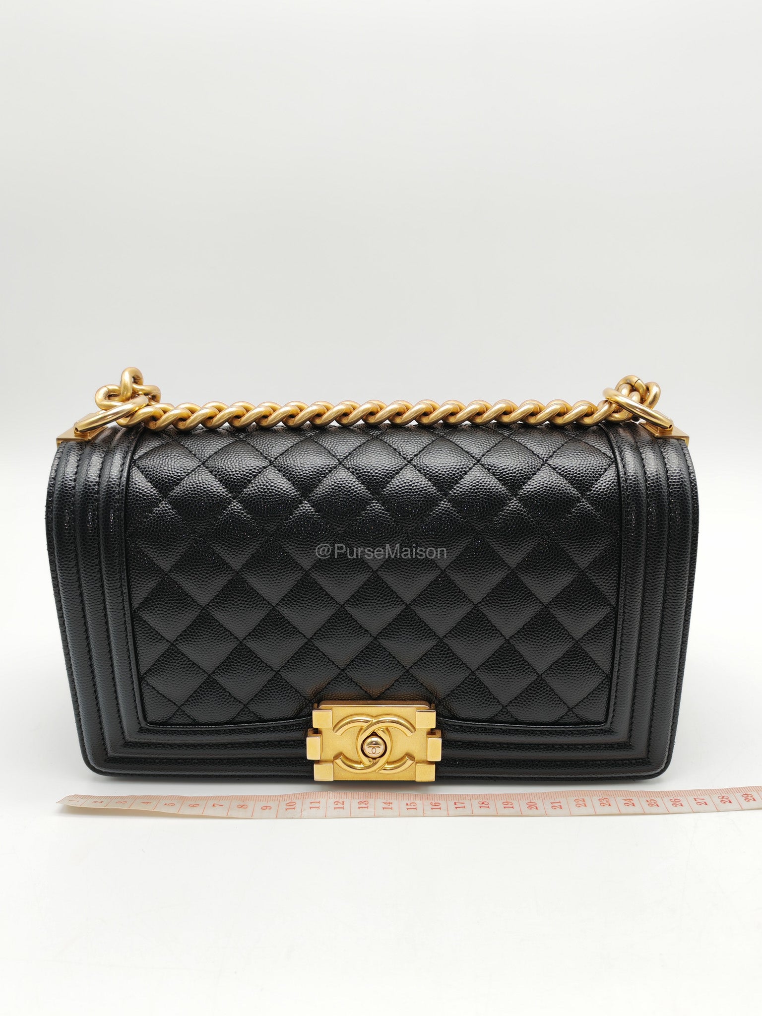 Chanel Le Boy Old Medium in Black Quilted Caviar Leather and Aged Gold Hardware Microchip | Purse Maison Luxury Bags Shop