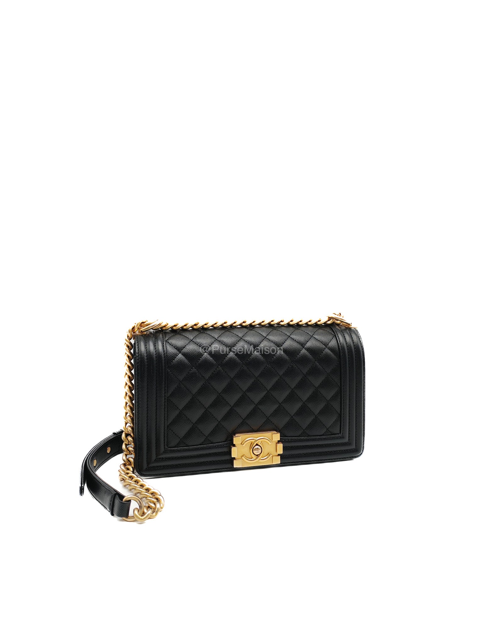 Chanel Le Boy Old Medium in Black Quilted Caviar Leather and Aged Gold Hardware Microchip | Purse Maison Luxury Bags Shop