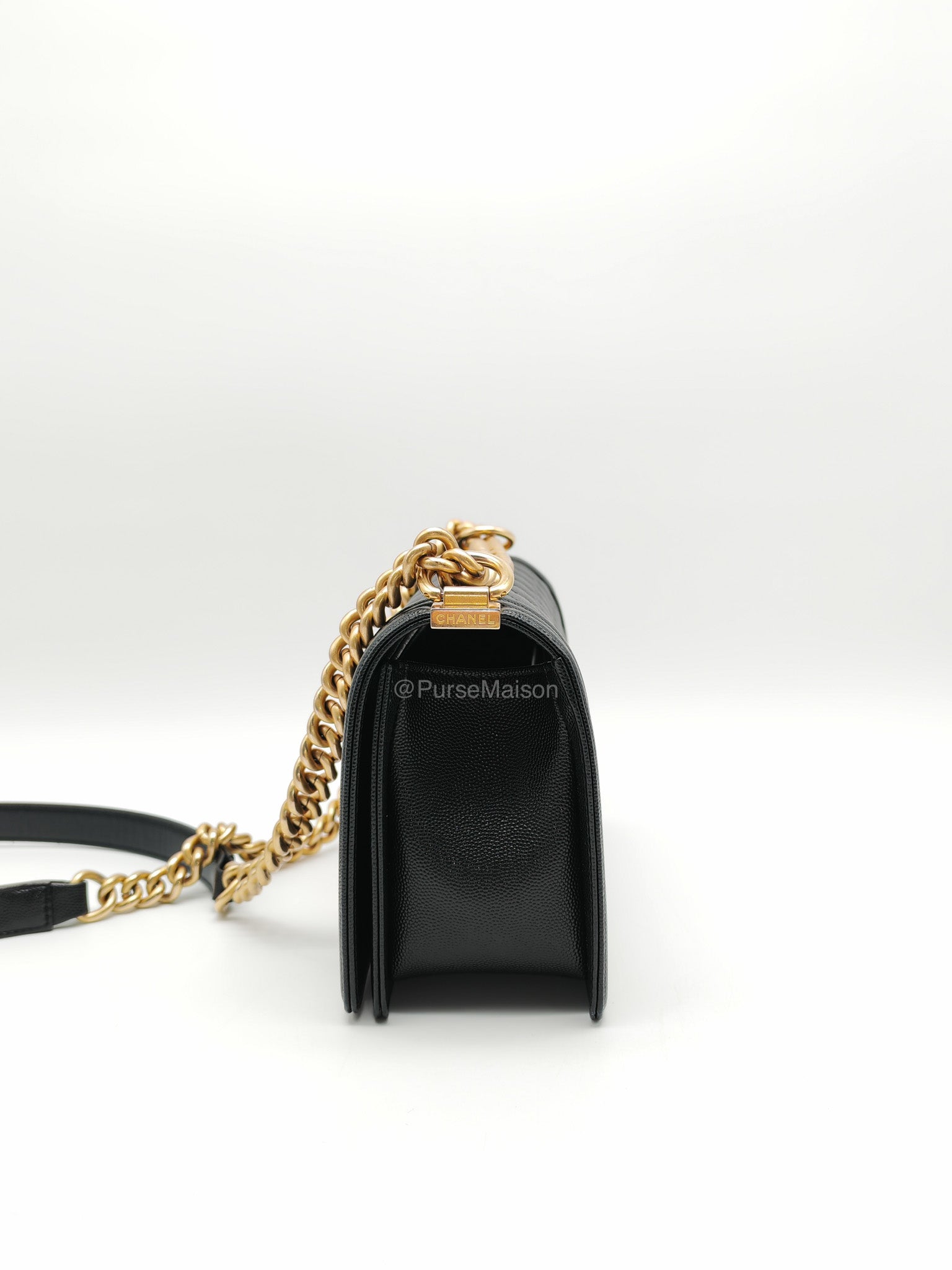 Chanel Le Boy Old Medium in Black Quilted Caviar Leather and Aged Gold Hardware Microchip | Purse Maison Luxury Bags Shop