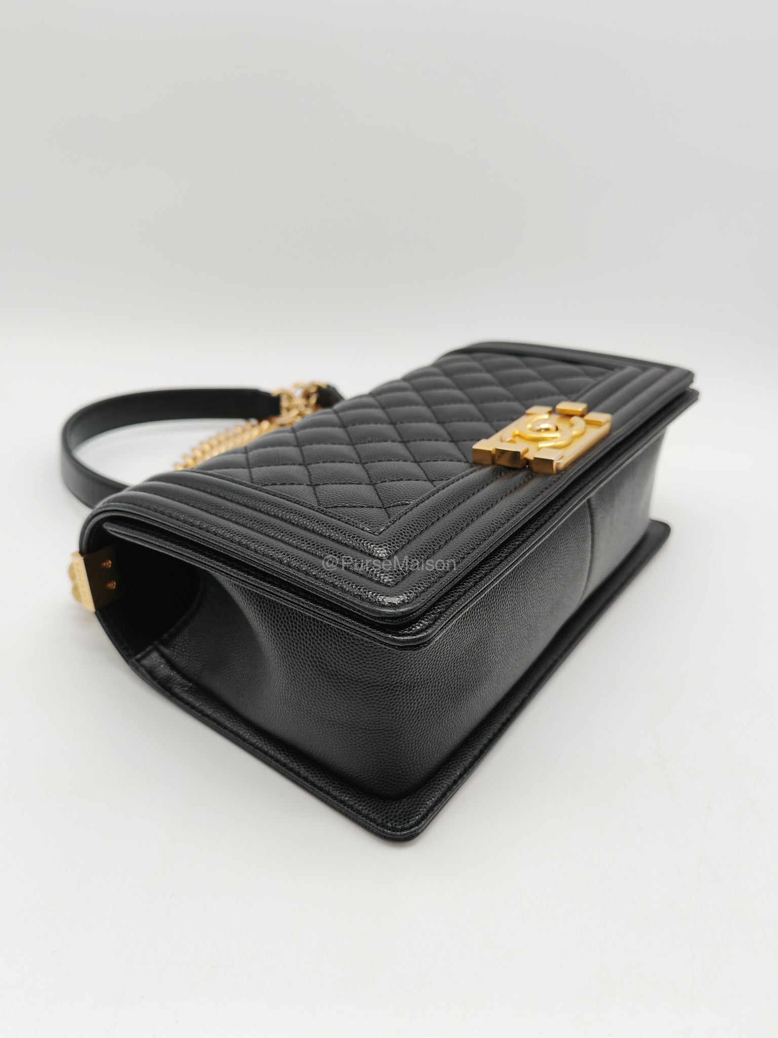 Chanel Le Boy Old Medium in Black Quilted Caviar Leather and Aged Gold Hardware Microchip | Purse Maison Luxury Bags Shop