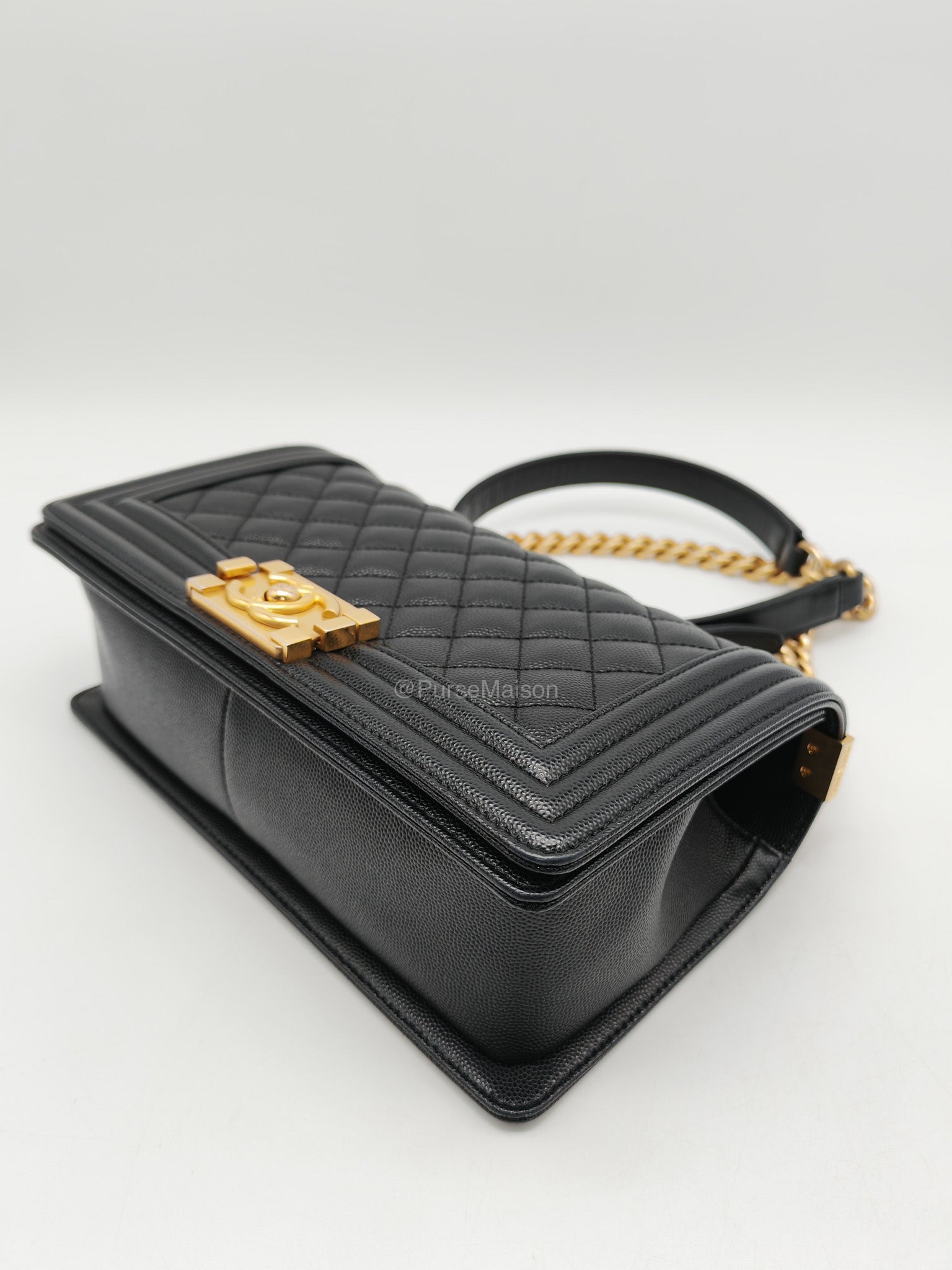 Chanel Le Boy Old Medium in Black Quilted Caviar Leather and Aged Gold Hardware Microchip | Purse Maison Luxury Bags Shop