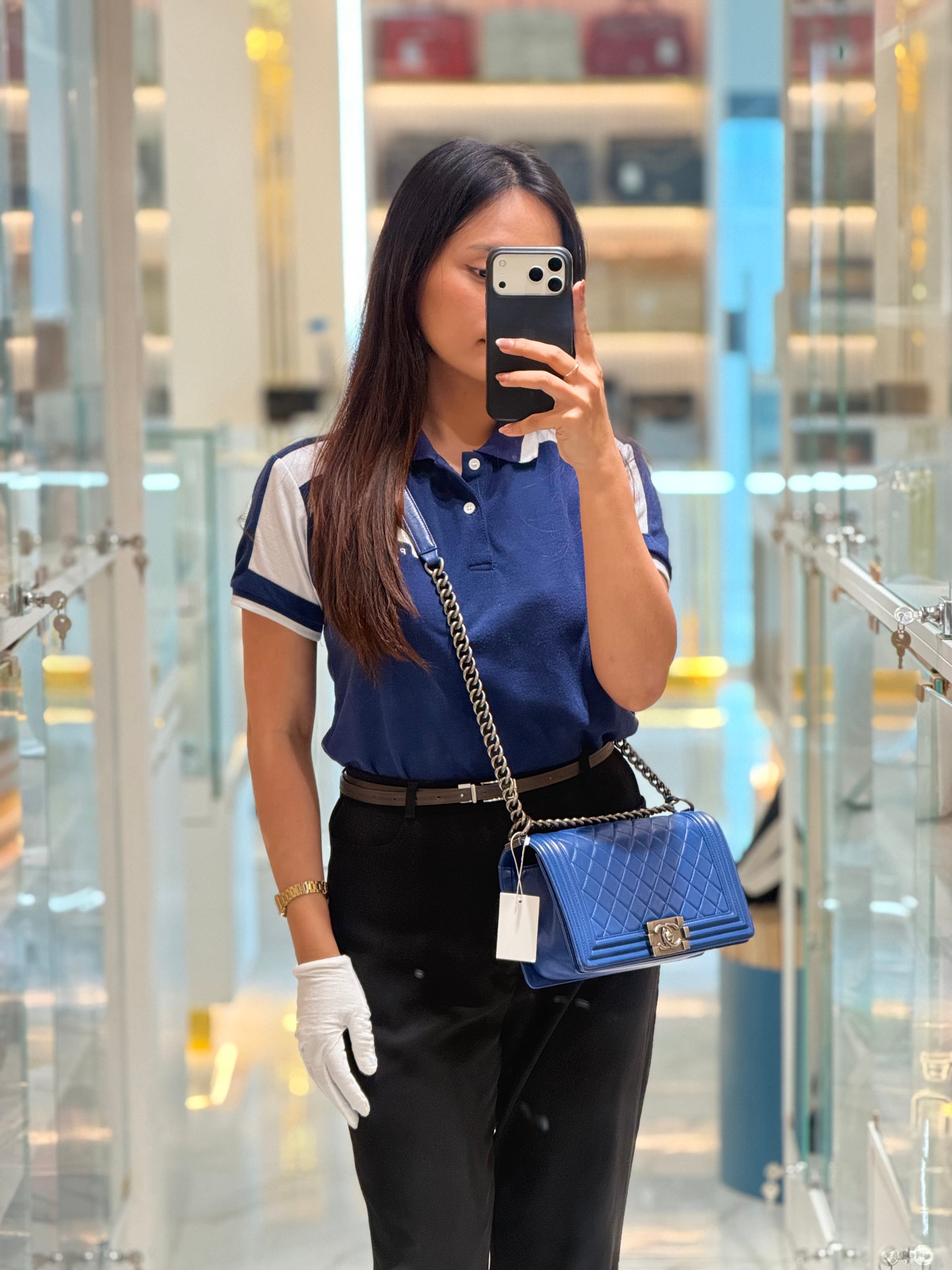 Chanel Le Boy Old Medium in Blue Quilted Lambskin Leather & Ruthenium Hardware Series 23 | Purse Maison Luxury Bags Shop