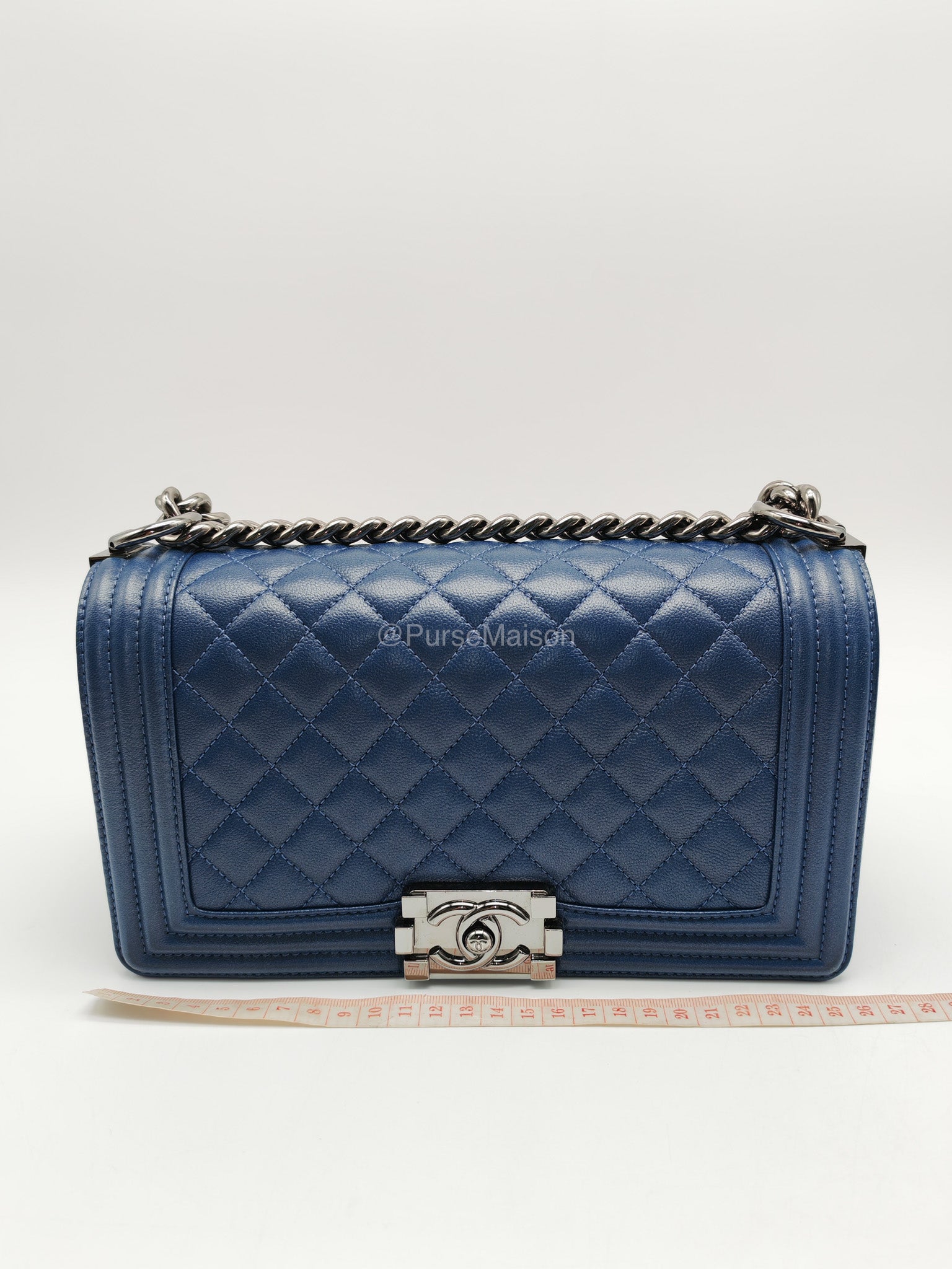 Chanel Le Boy Old Medium in Dark Blue Caviar Leather Silver Hardware (Series 24) | Purse Maison Luxury Bags Shop