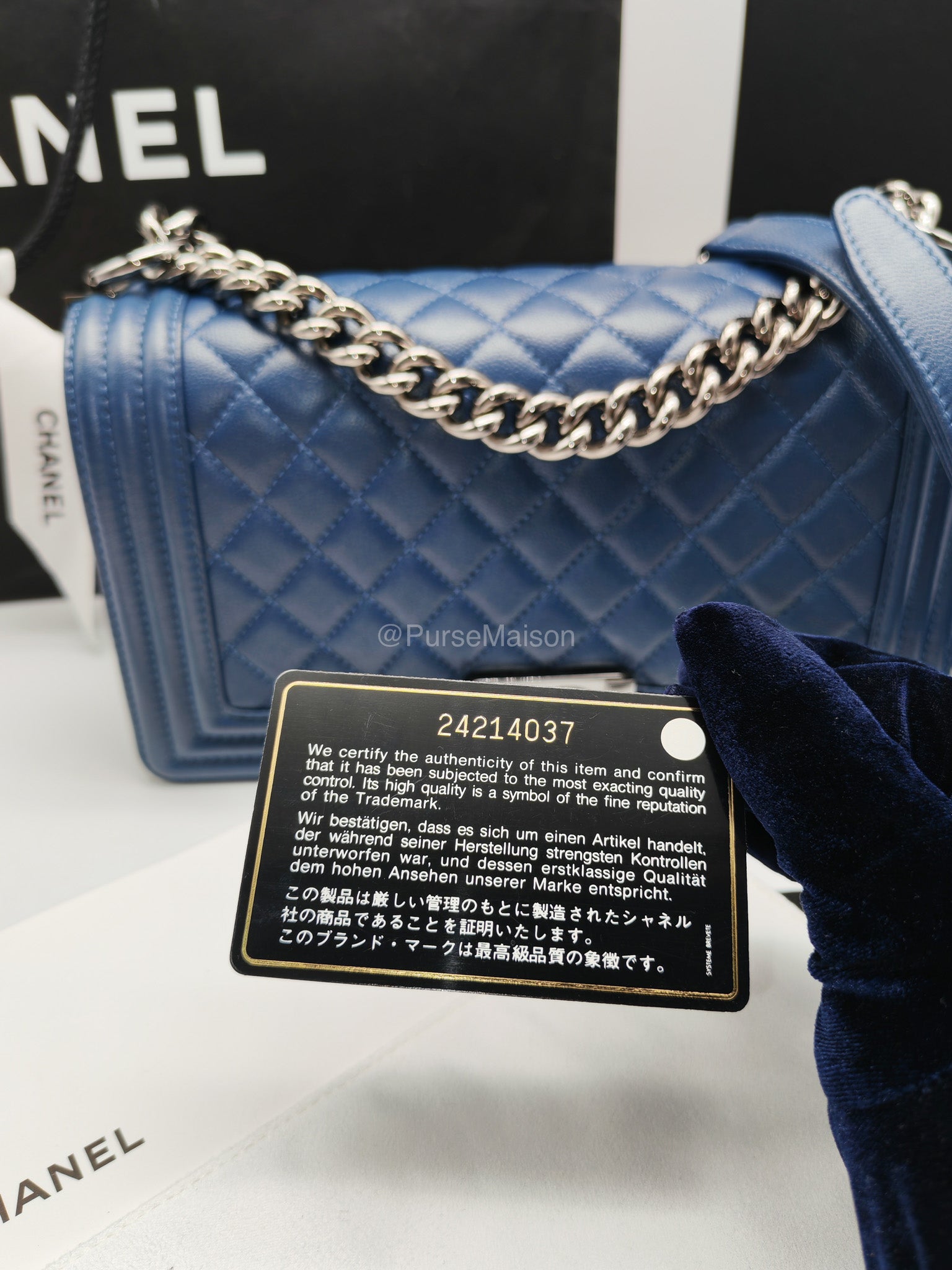 Chanel Le Boy Old Medium in Dark Blue Caviar Leather Silver Hardware (Series 24) | Purse Maison Luxury Bags Shop