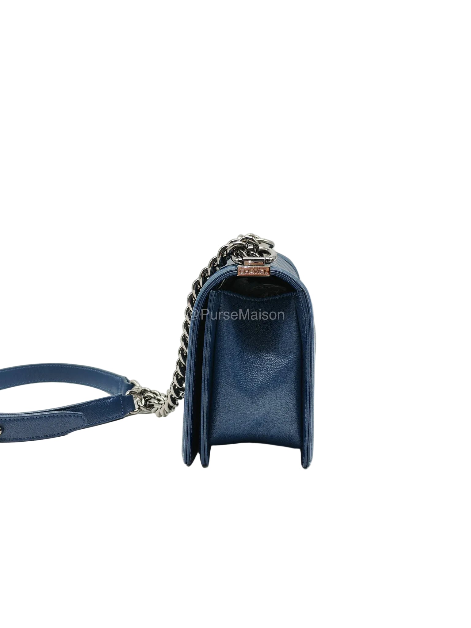 Chanel Le Boy Old Medium in Dark Blue Caviar Leather Silver Hardware (Series 24) | Purse Maison Luxury Bags Shop