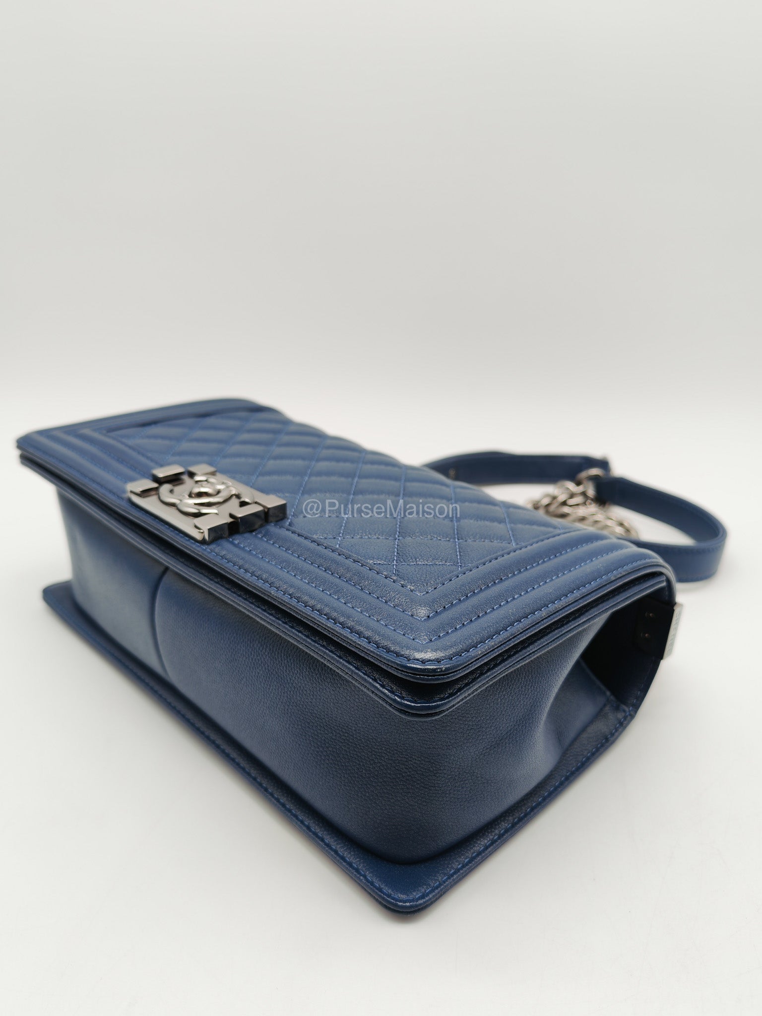 Chanel Le Boy Old Medium in Dark Blue Caviar Leather Silver Hardware (Series 24) | Purse Maison Luxury Bags Shop
