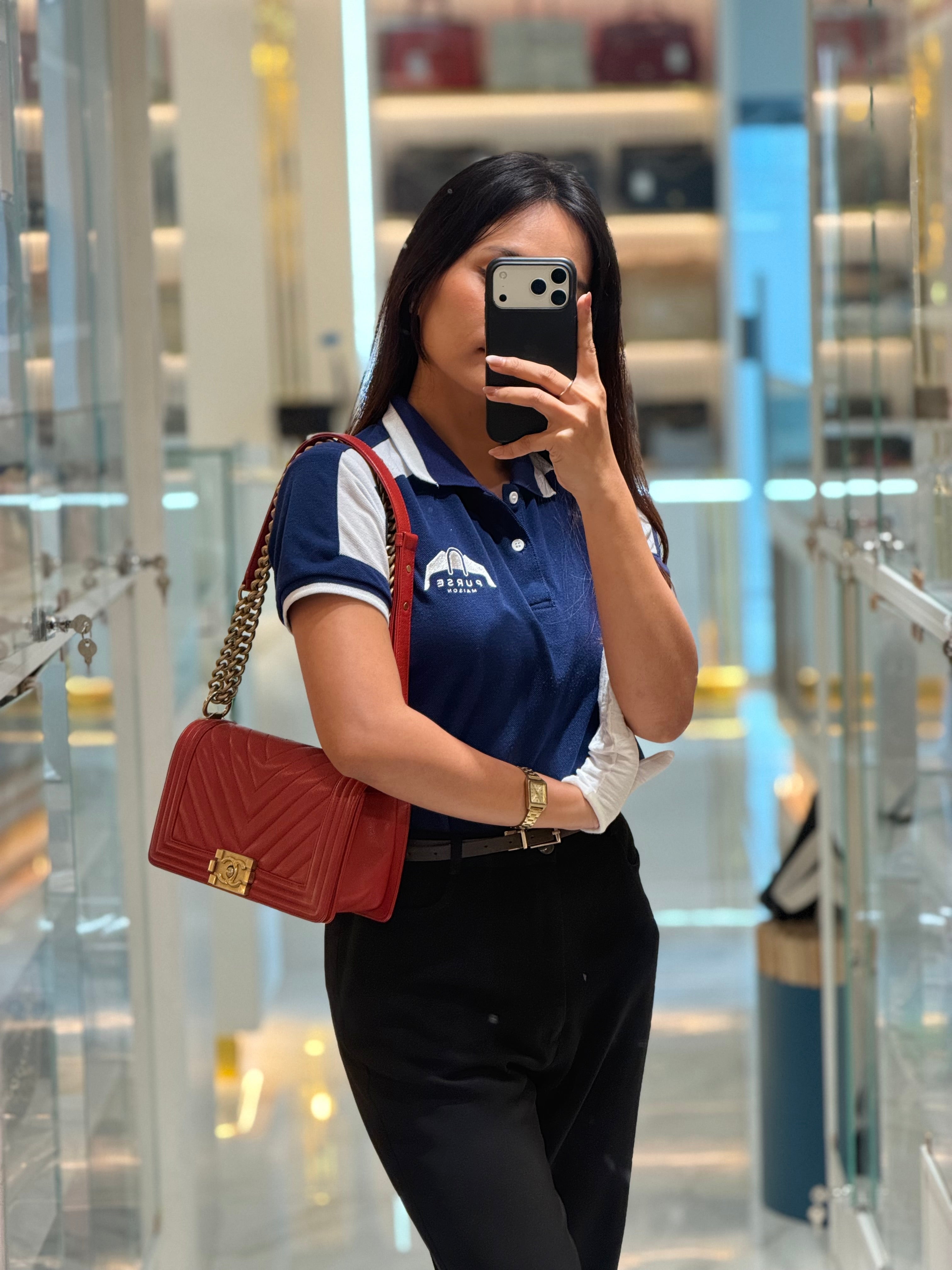 Chanel Le Boy Old Medium in Red Chevron Caviar Leather & Aged Gold Hardware Series 25 | Purse Maison Luxury Bags Shop
