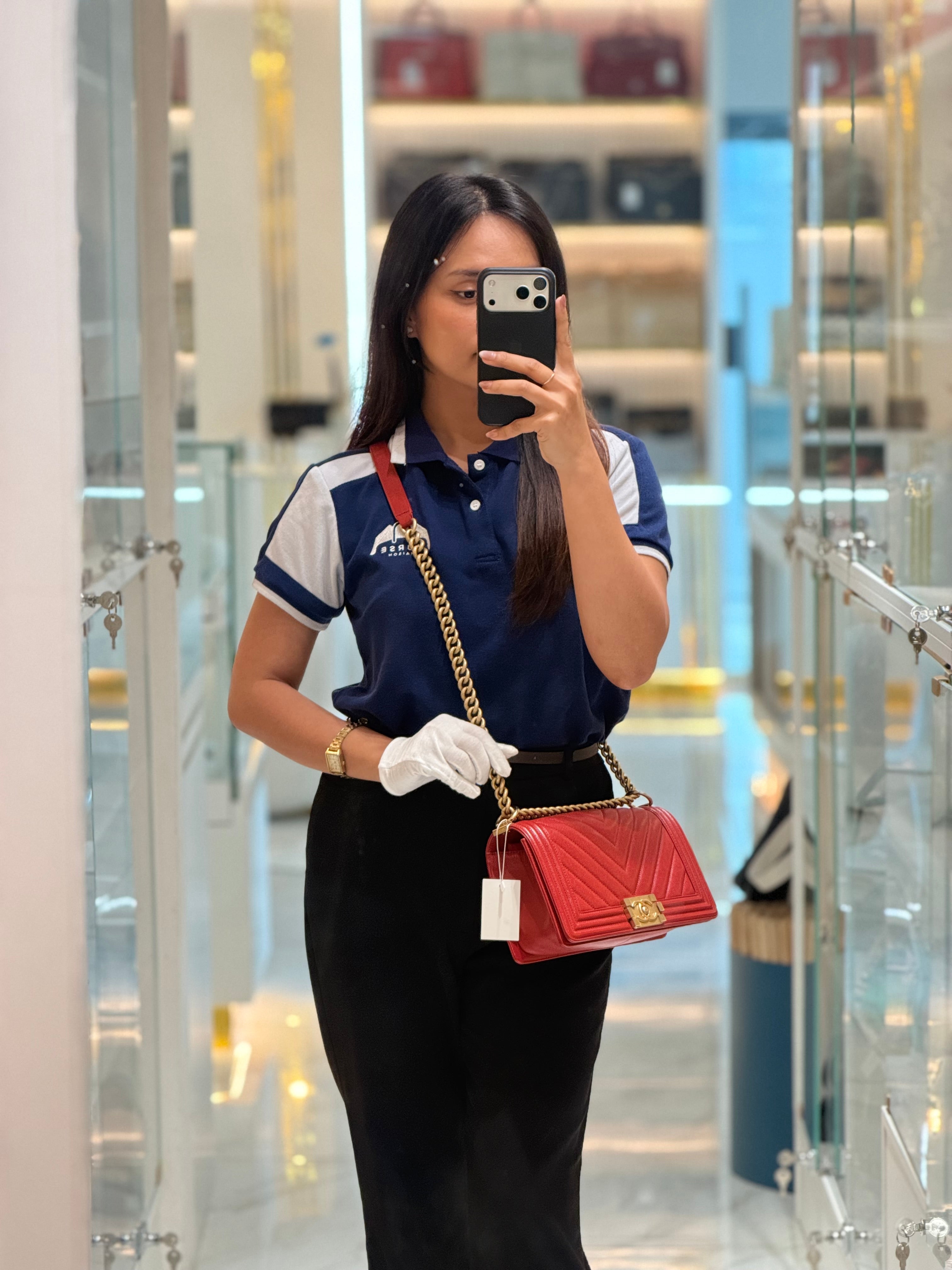 Chanel Le Boy Old Medium in Red Chevron Caviar Leather & Aged Gold Hardware Series 25 | Purse Maison Luxury Bags Shop