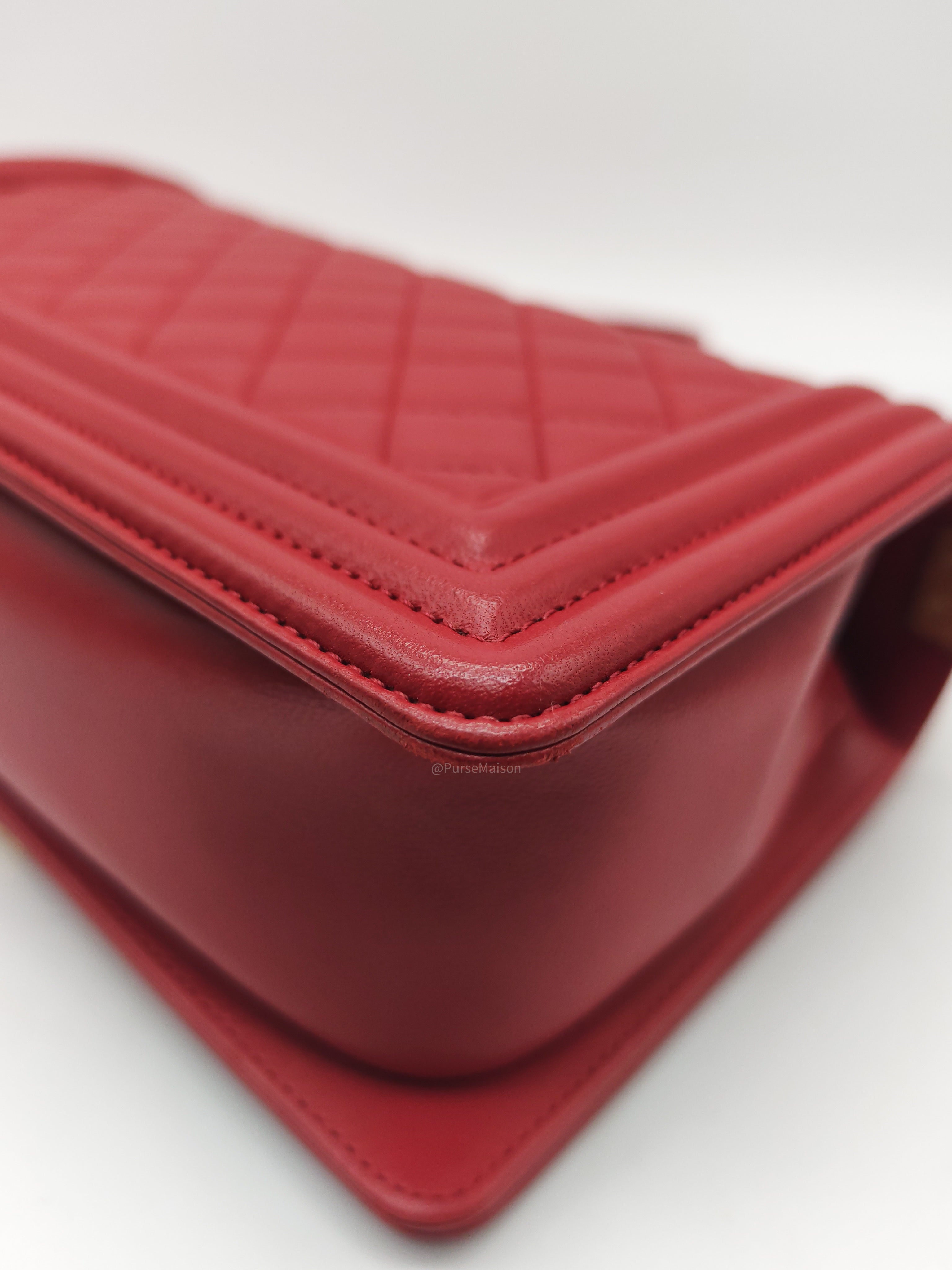 Chanel Le Boy Old Medium in Red Lambskin Leather in Red Aged Gold Hardware (Series 23) | Purse Maison Luxury Bags Shop