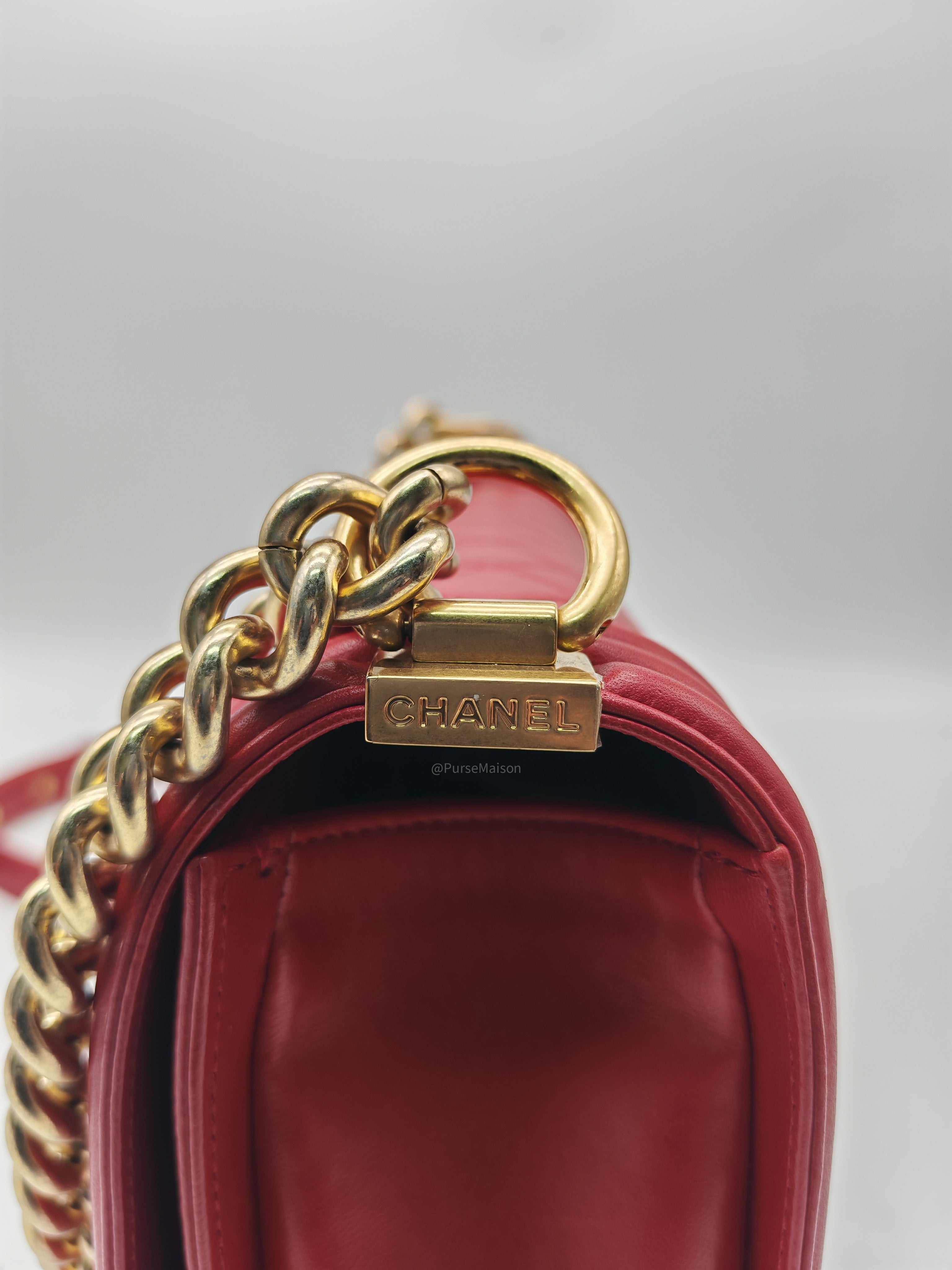 Chanel Le Boy Old Medium in Red Lambskin Leather in Red Aged Gold Hardware (Series 23) | Purse Maison Luxury Bags Shop