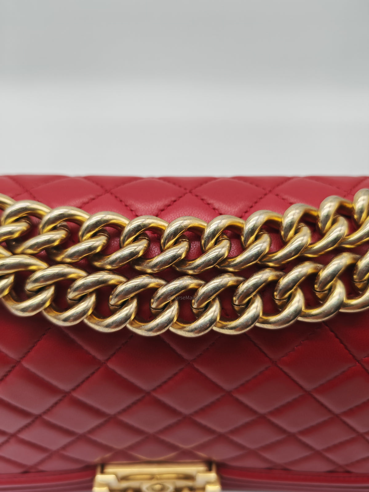 Chanel Le Boy Old Medium in Red Lambskin Leather in Red Aged Gold Hardware (Series 23) | Purse Maison Luxury Bags Shop
