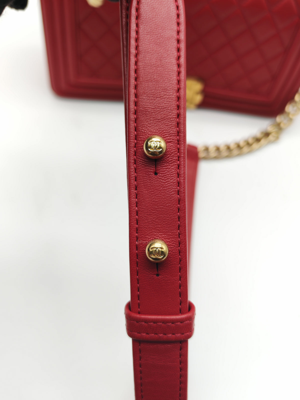 Chanel Le Boy Old Medium in Red Lambskin Leather in Red Aged Gold Hardware (Series 23) | Purse Maison Luxury Bags Shop