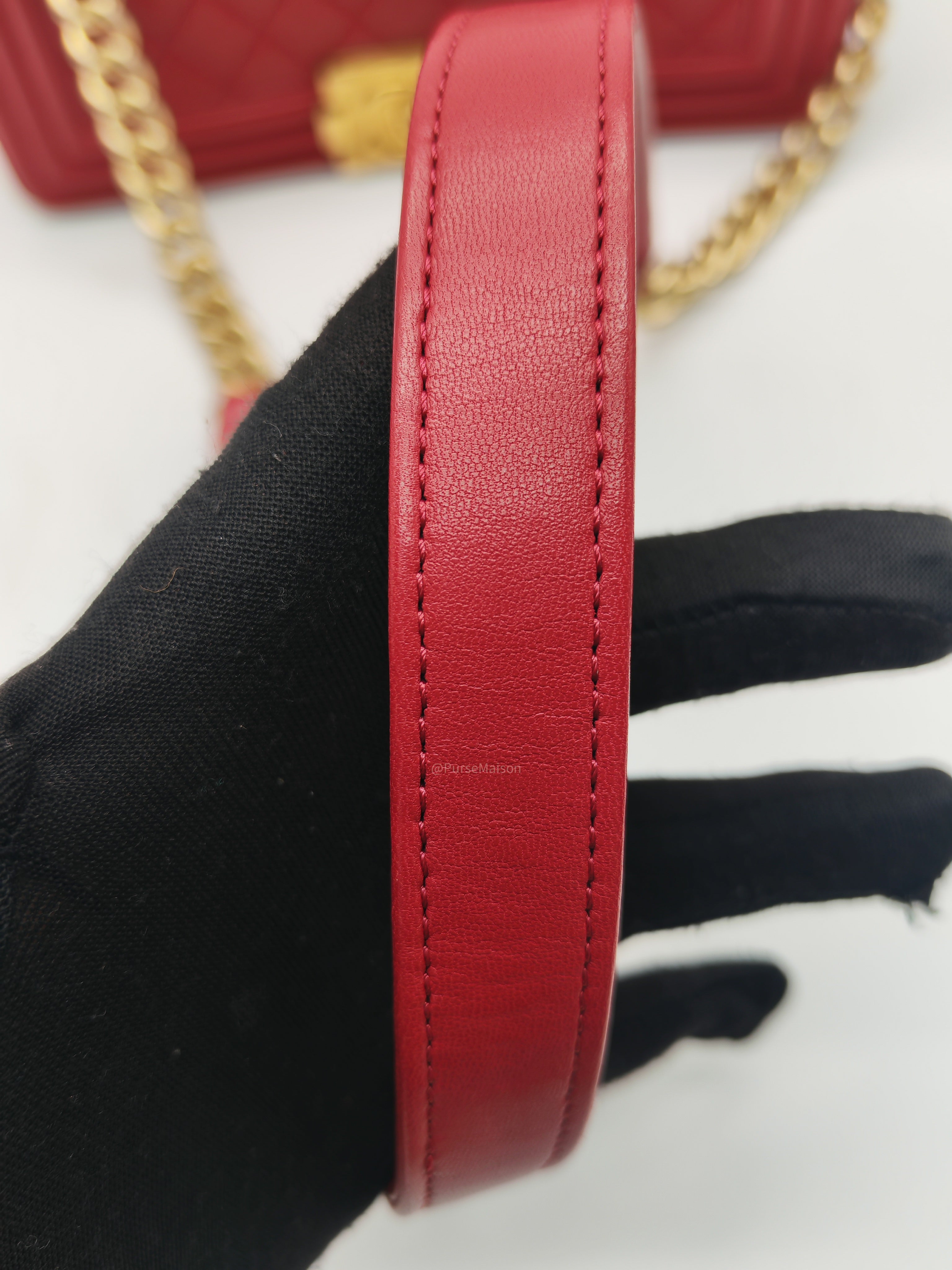 Chanel Le Boy Old Medium in Red Lambskin Leather in Red Aged Gold Hardware (Series 23) | Purse Maison Luxury Bags Shop