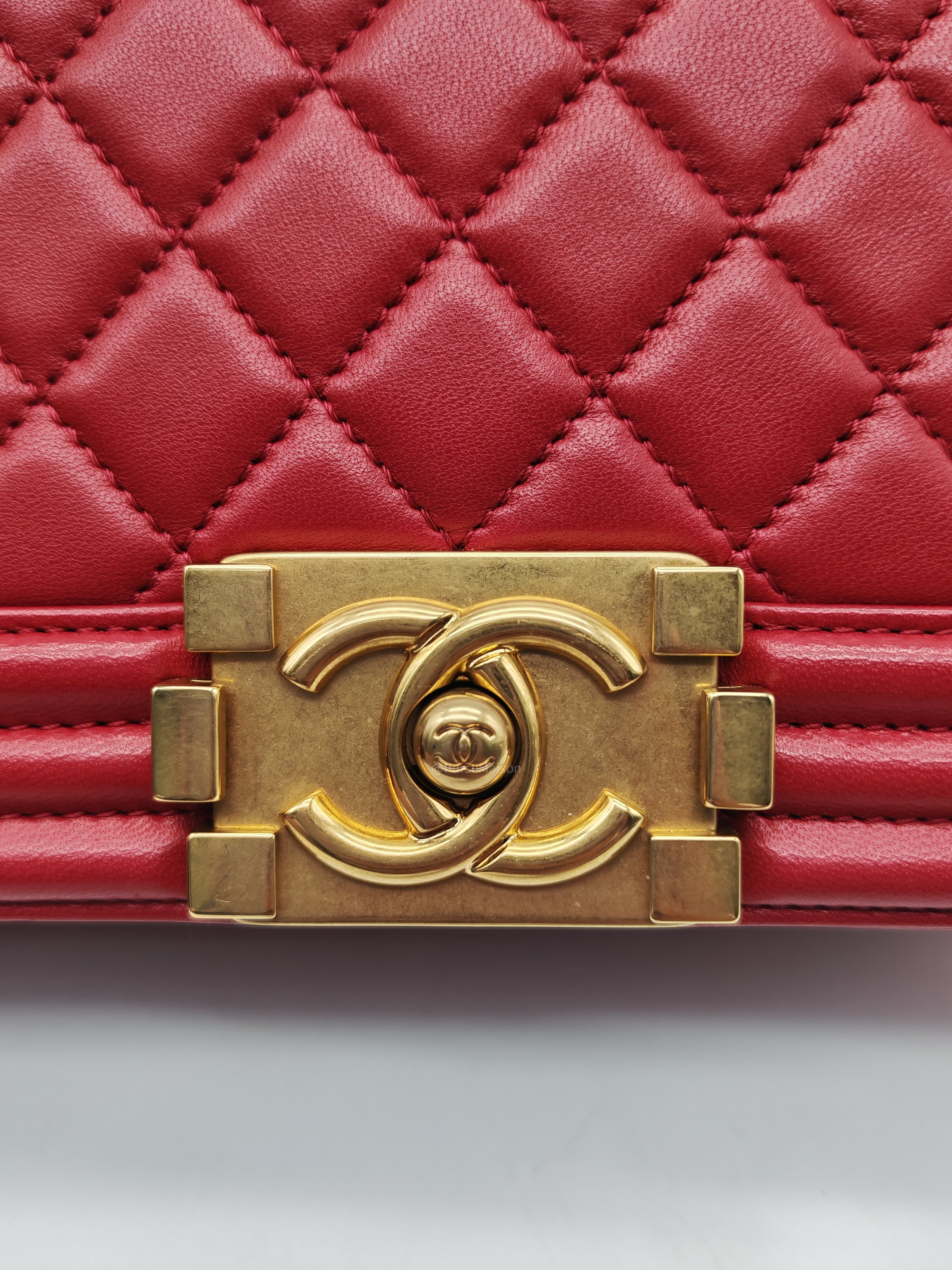 Chanel Le Boy Old Medium in Red Lambskin Leather in Red Aged Gold Hardware (Series 23) | Purse Maison Luxury Bags Shop