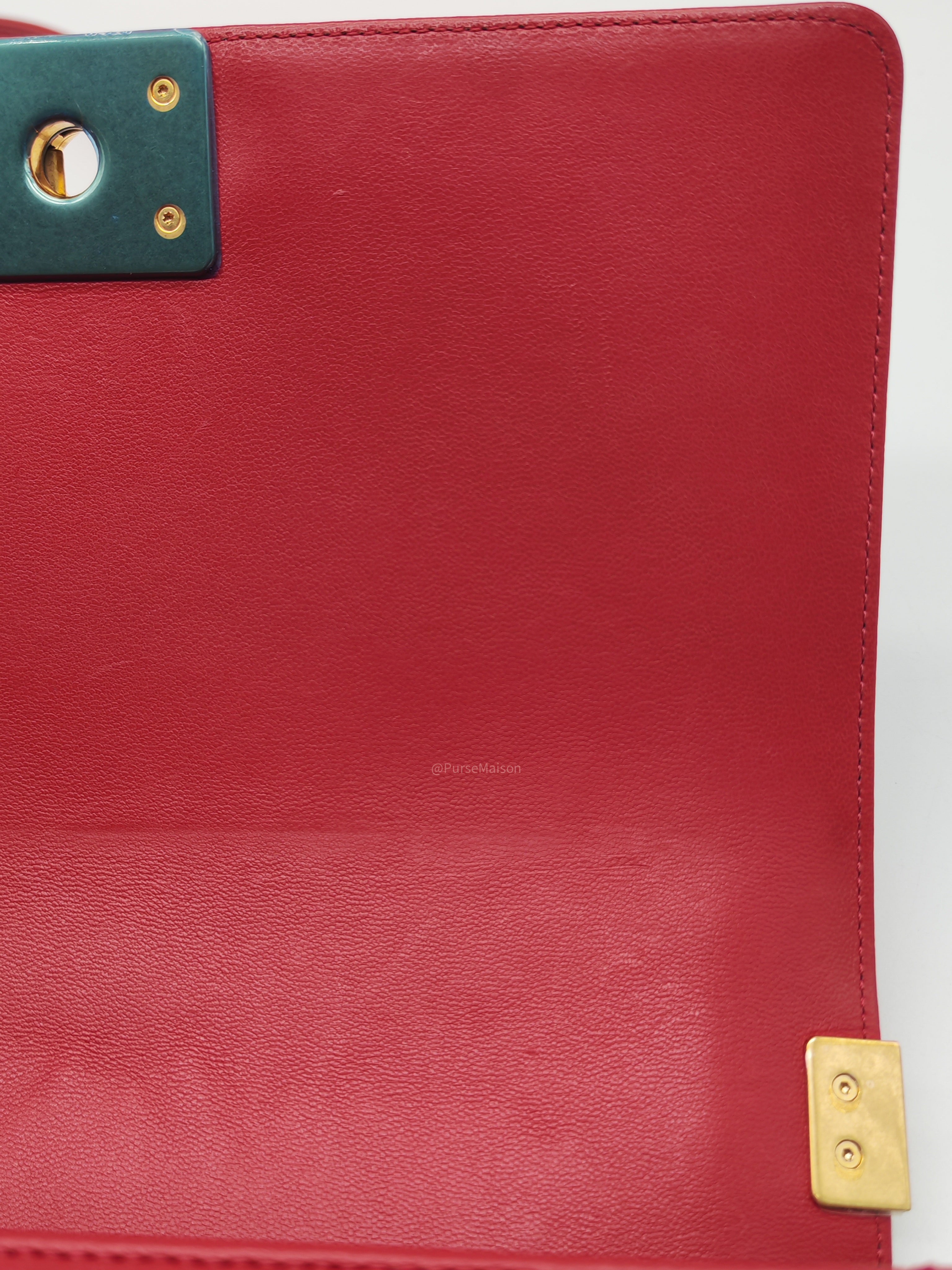 Chanel Le Boy Old Medium in Red Lambskin Leather in Red Aged Gold Hardware (Series 23) | Purse Maison Luxury Bags Shop