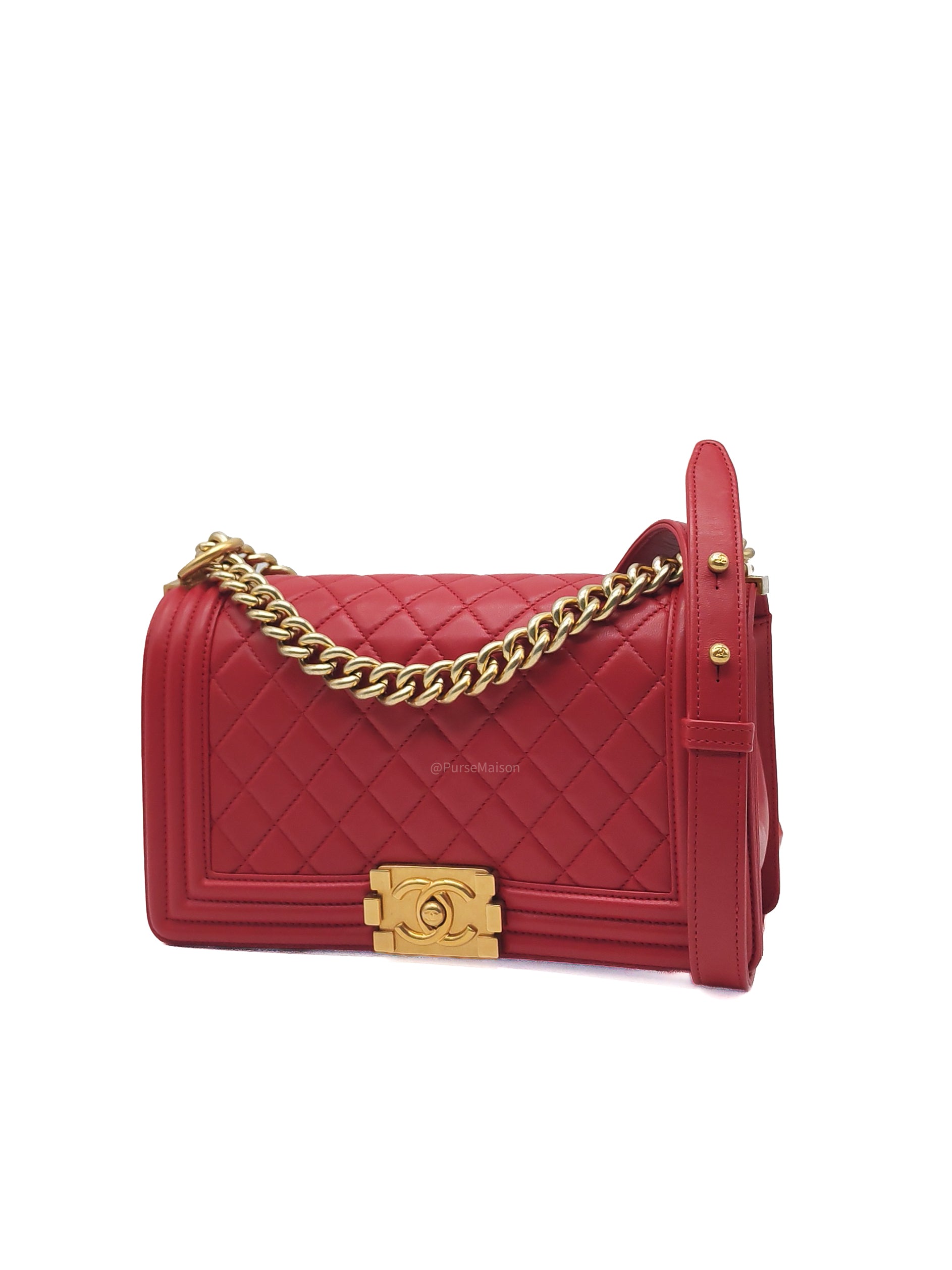 Chanel Le Boy Old Medium in Red Lambskin Leather in Red Aged Gold Hardware (Series 23) | Purse Maison Luxury Bags Shop