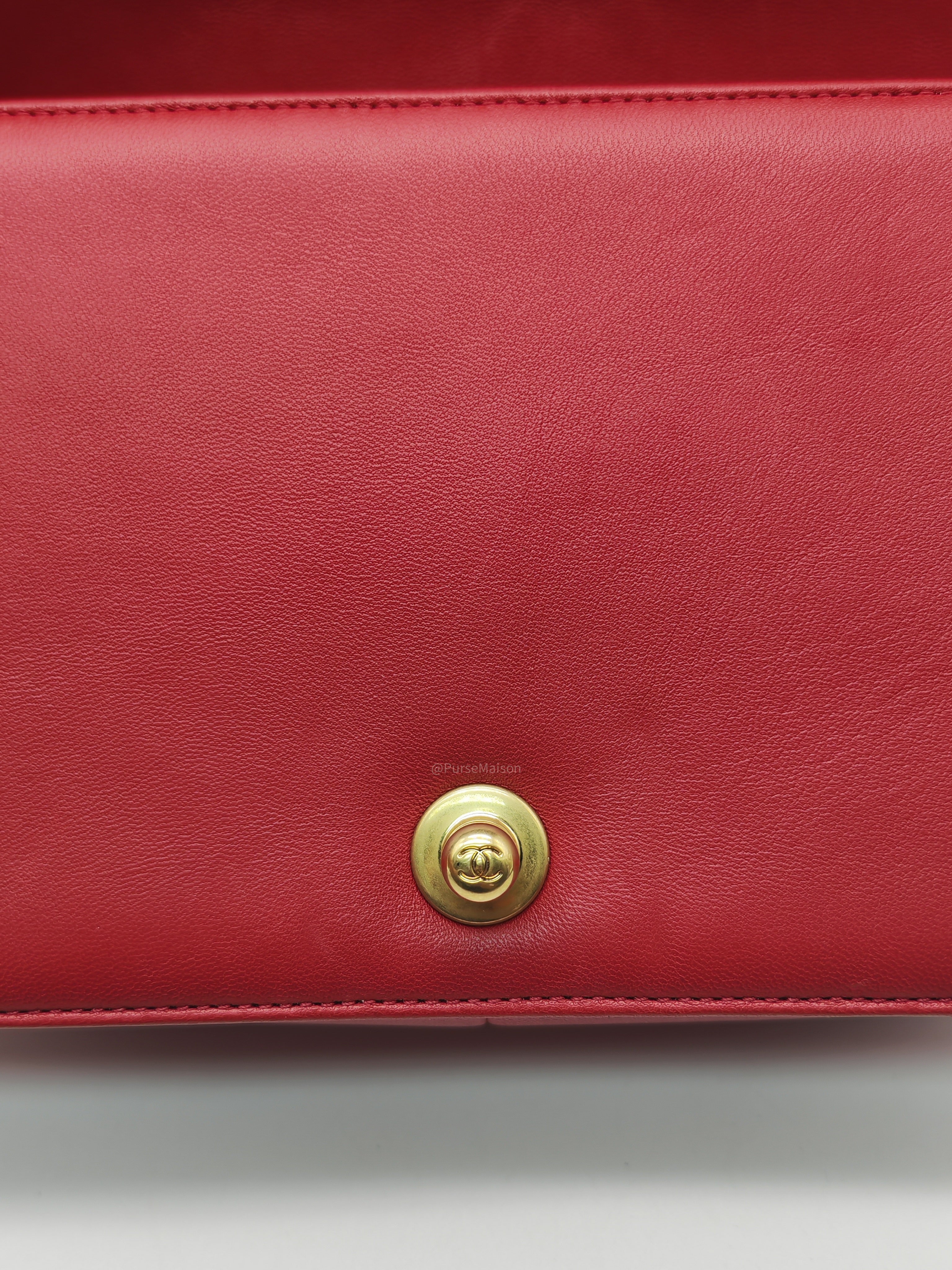 Chanel Le Boy Old Medium in Red Lambskin Leather in Red Aged Gold Hardware (Series 23) | Purse Maison Luxury Bags Shop