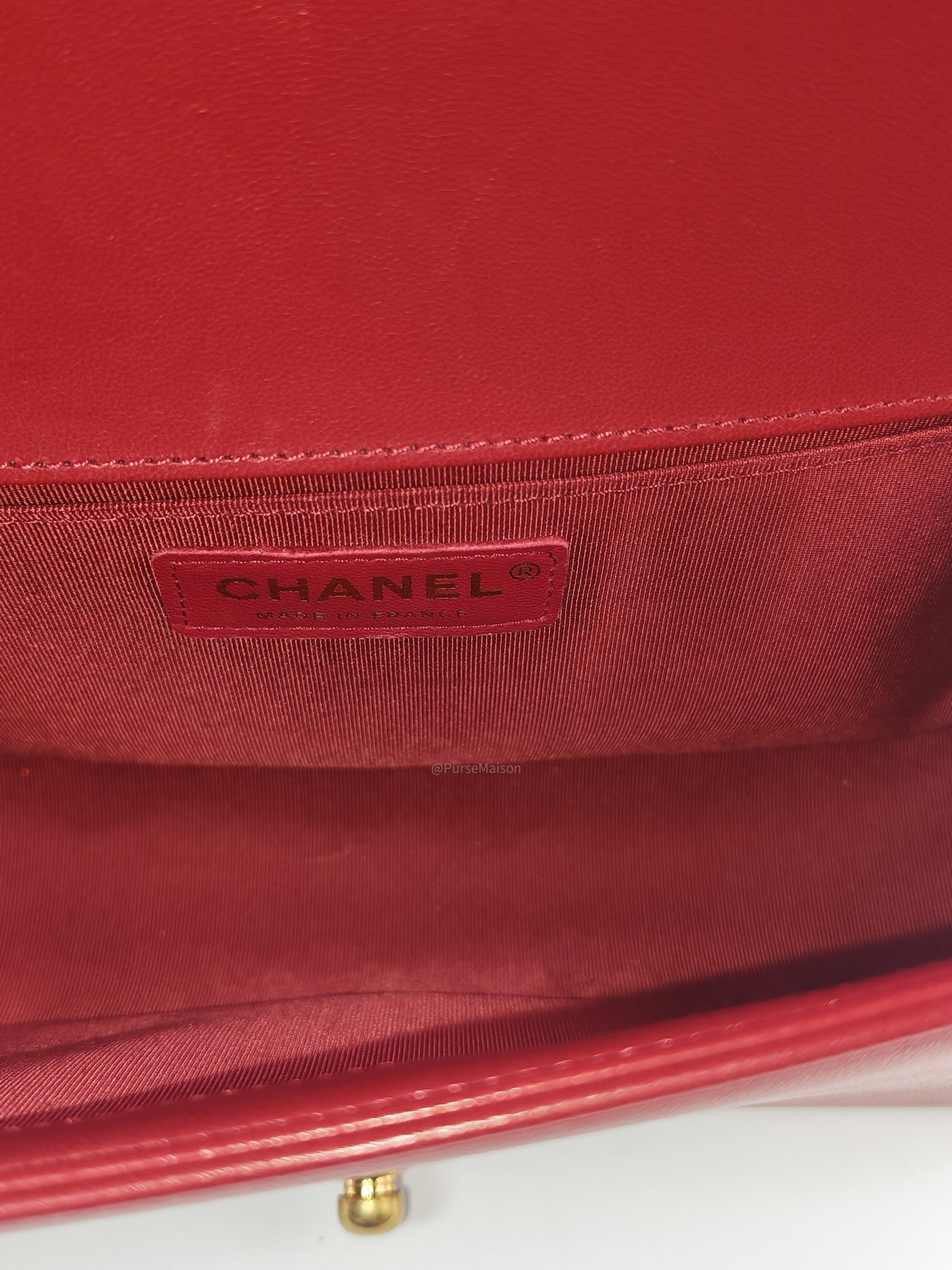 Chanel Le Boy Old Medium in Red Lambskin Leather in Red Aged Gold Hardware (Series 23) | Purse Maison Luxury Bags Shop